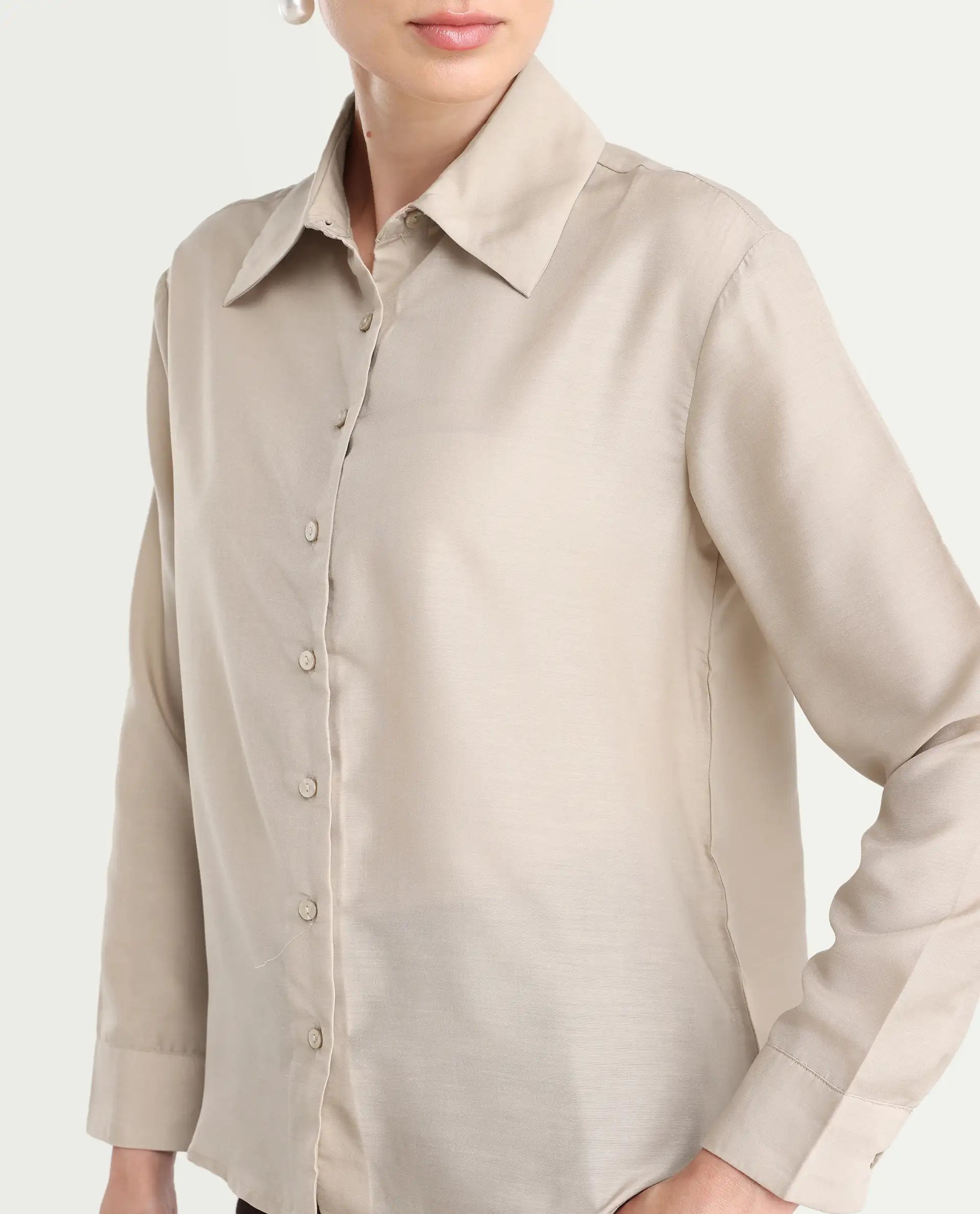 Rareism Women's Epets Beige Polyester Collared Plain Regular Fit Shirt