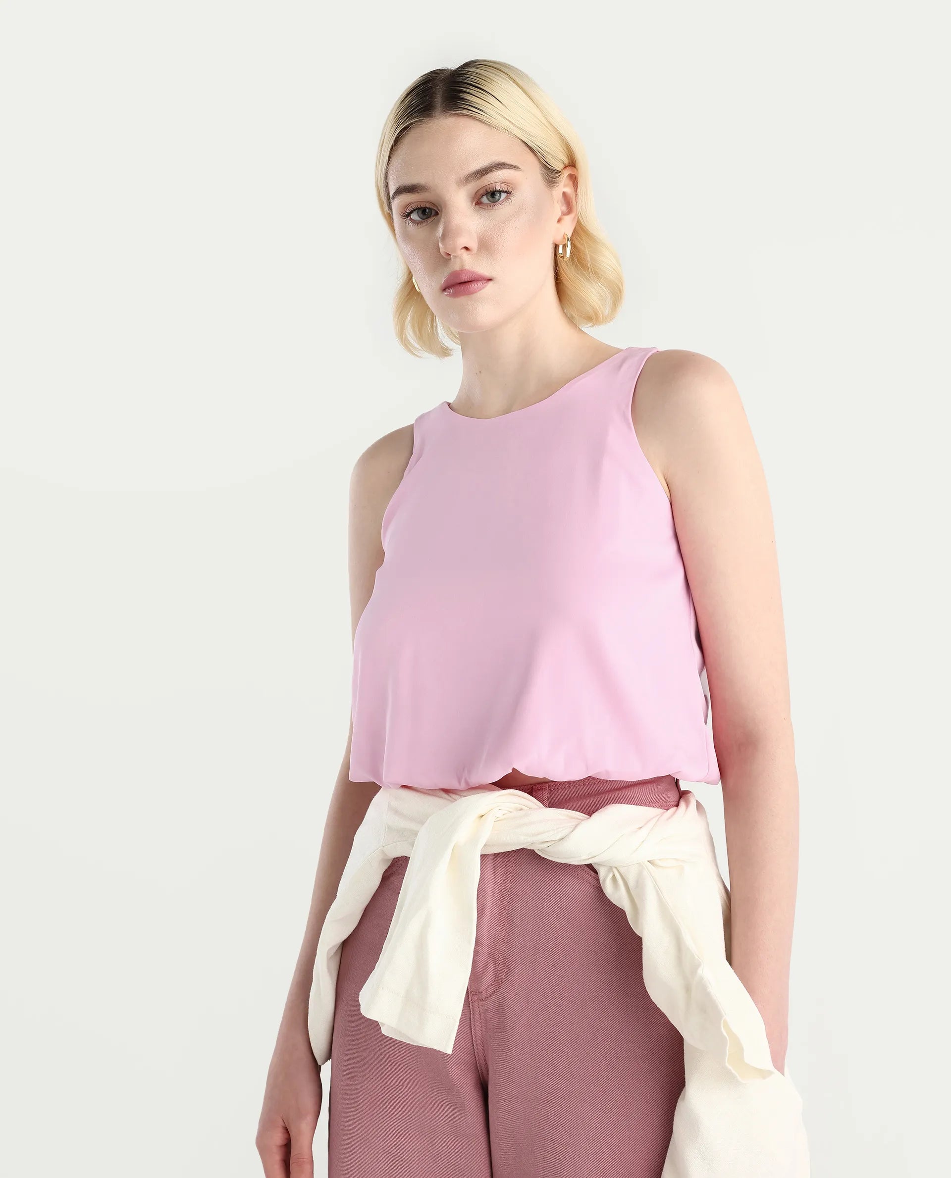 Rareism Women's Epfixo Pink Polyester Crew Neck Plain Sleeveless Crop Regular Fit Top