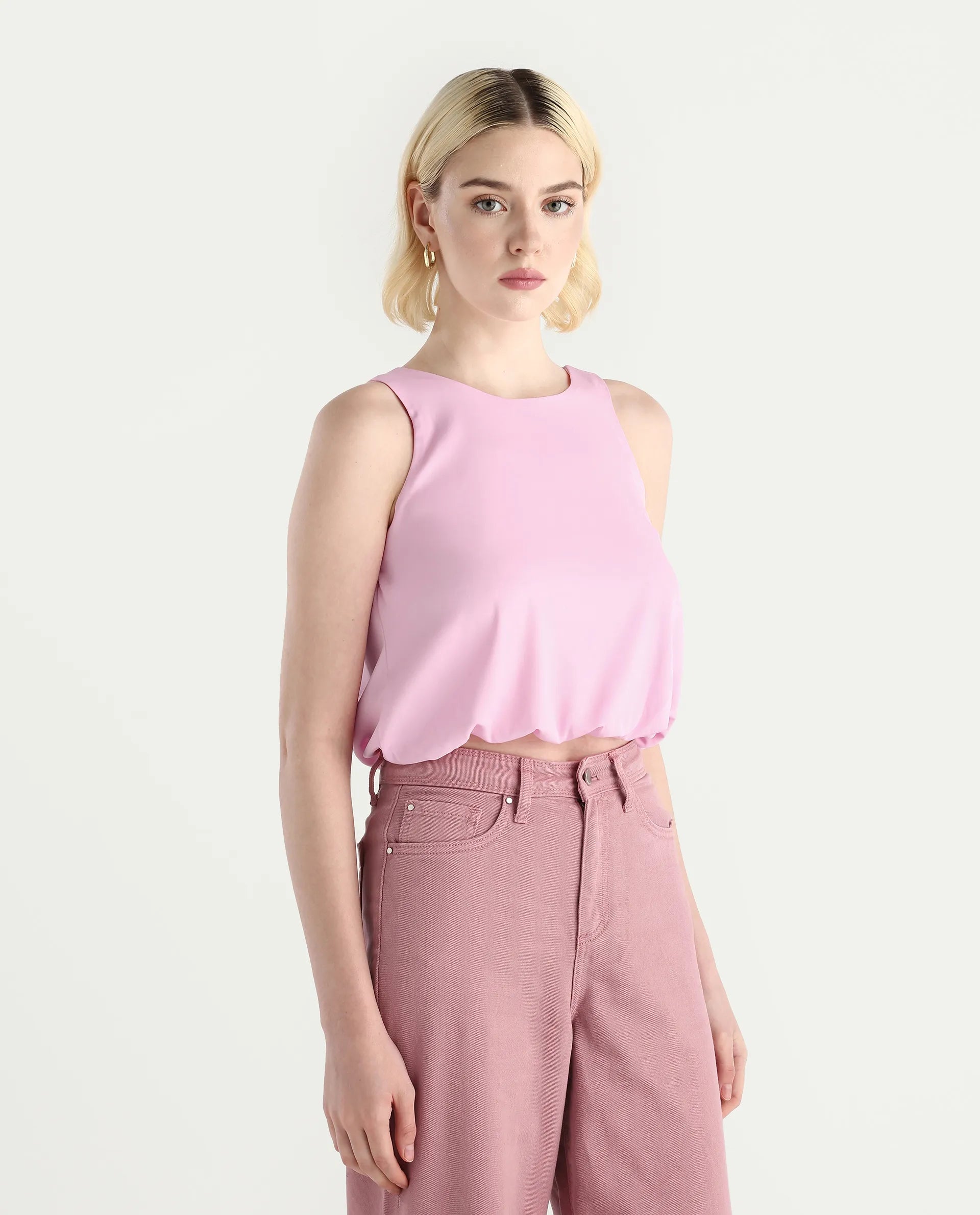 Rareism Women's Epfixo Pink Polyester Crew Neck Plain Sleeveless Crop Regular Fit Top