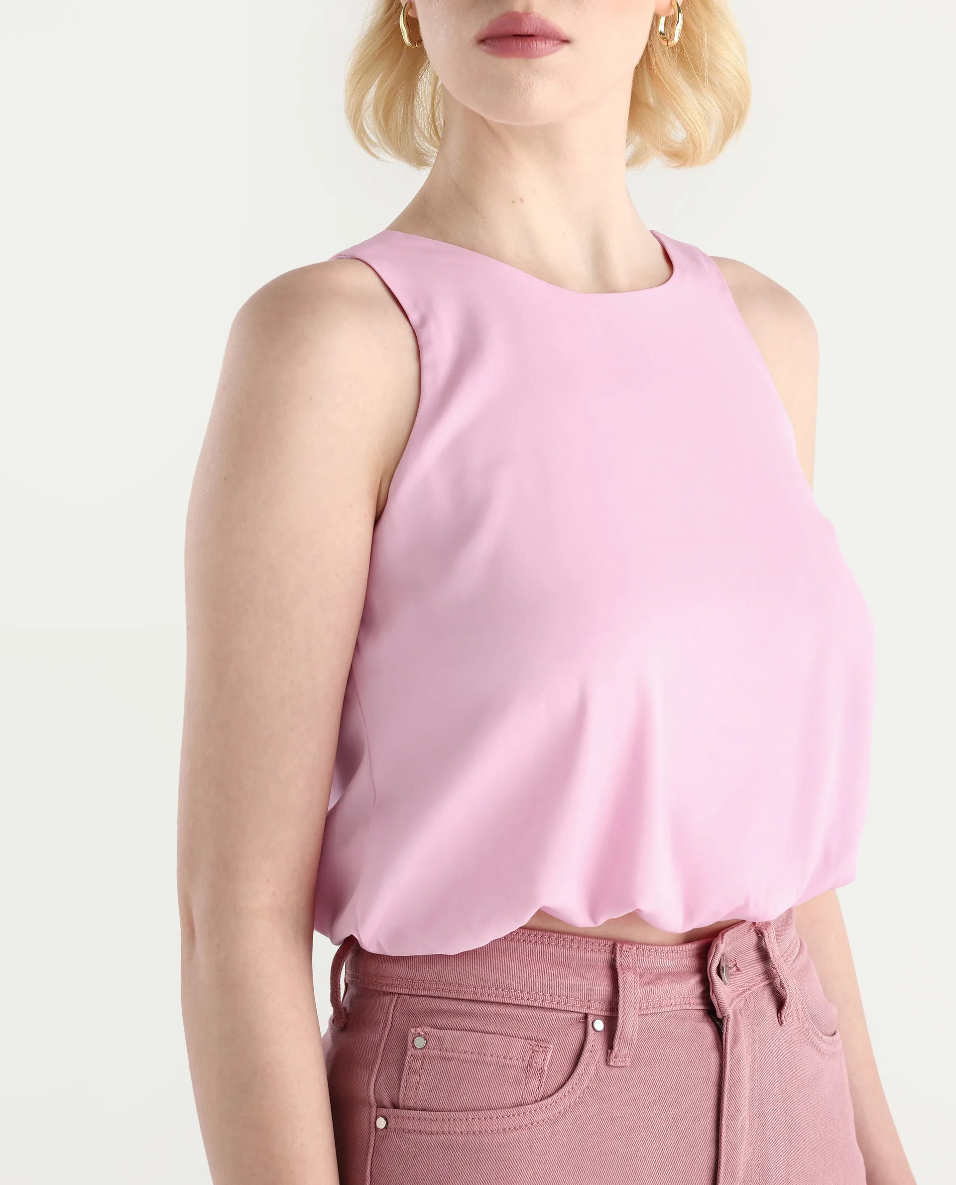 Rareism Women's Epfixo Pink Polyester Crew Neck Plain Sleeveless Crop Regular Fit Top