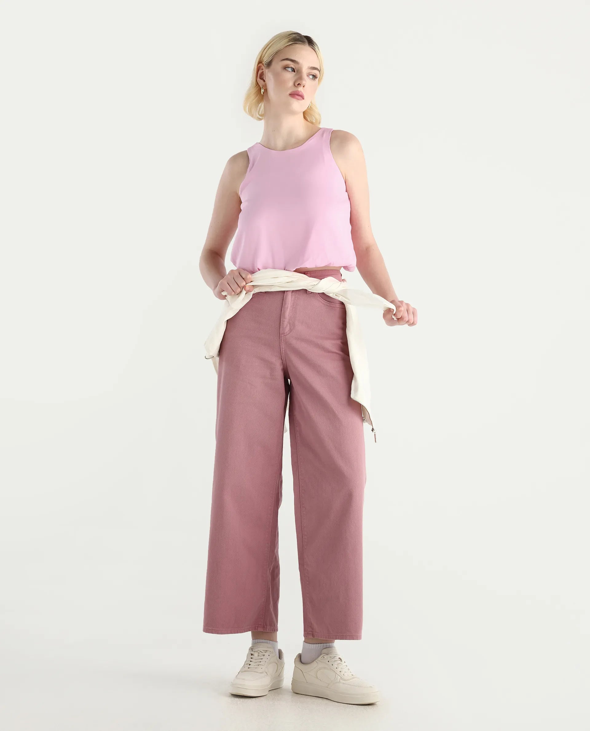 Rareism Women's Epfixo Pink Polyester Crew Neck Plain Sleeveless Crop Regular Fit Top