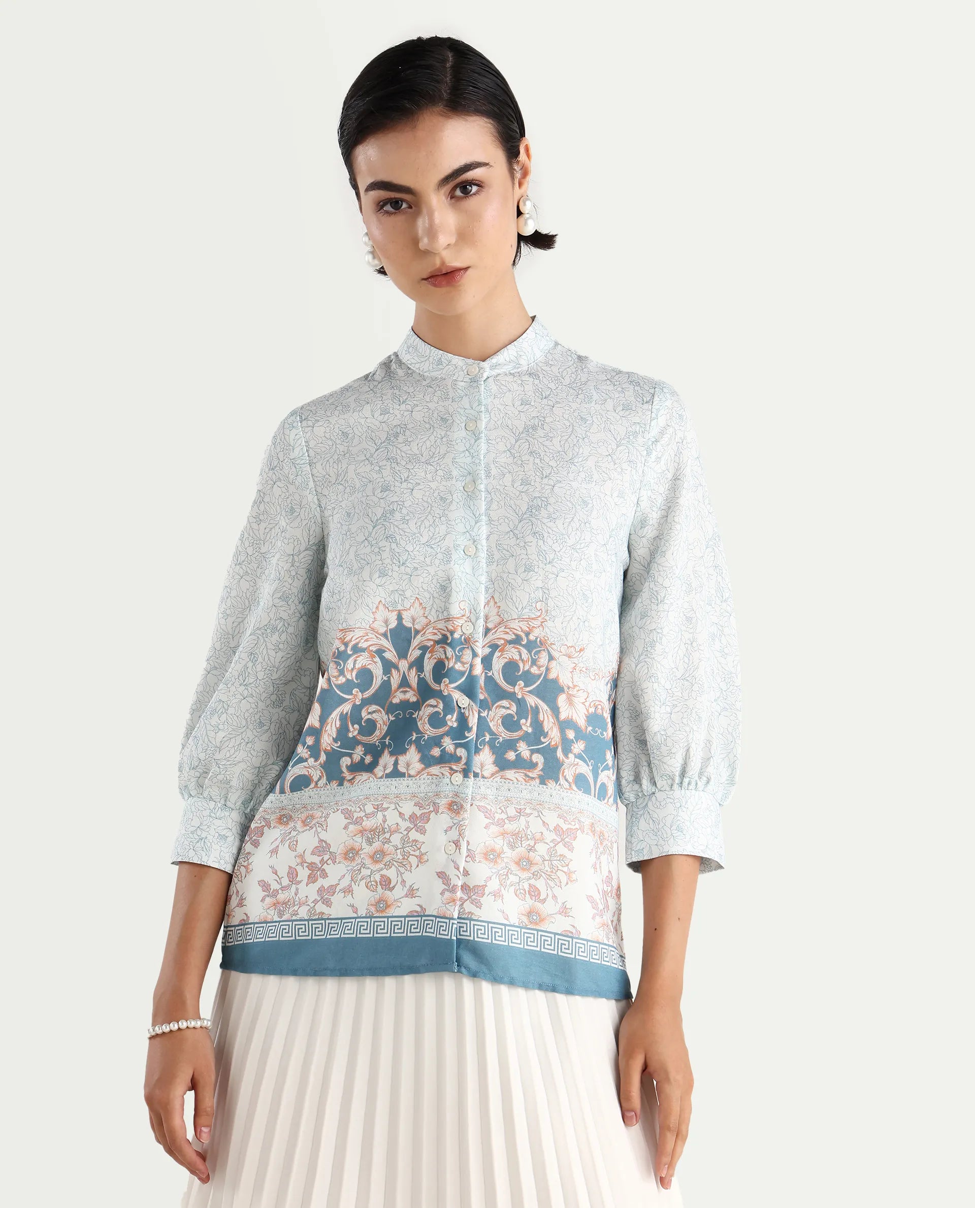 Rareism Women's Epica Multi Cotton Abstract Print Cuffed Sleeve Regular Fit Top
