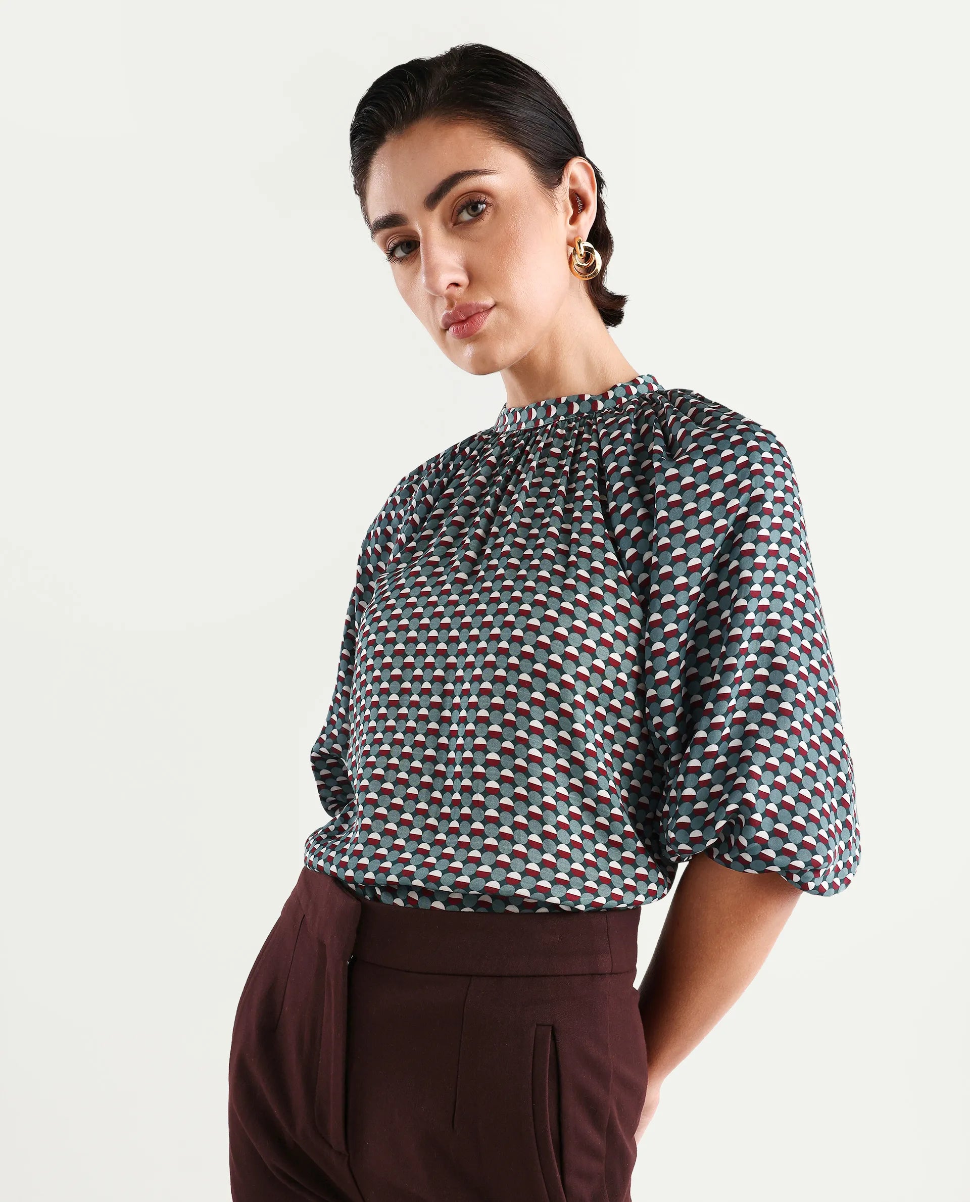 Rareism Women's Epizo Teal Satin Abstract Print Raglan Sleeve Regular Fit Top