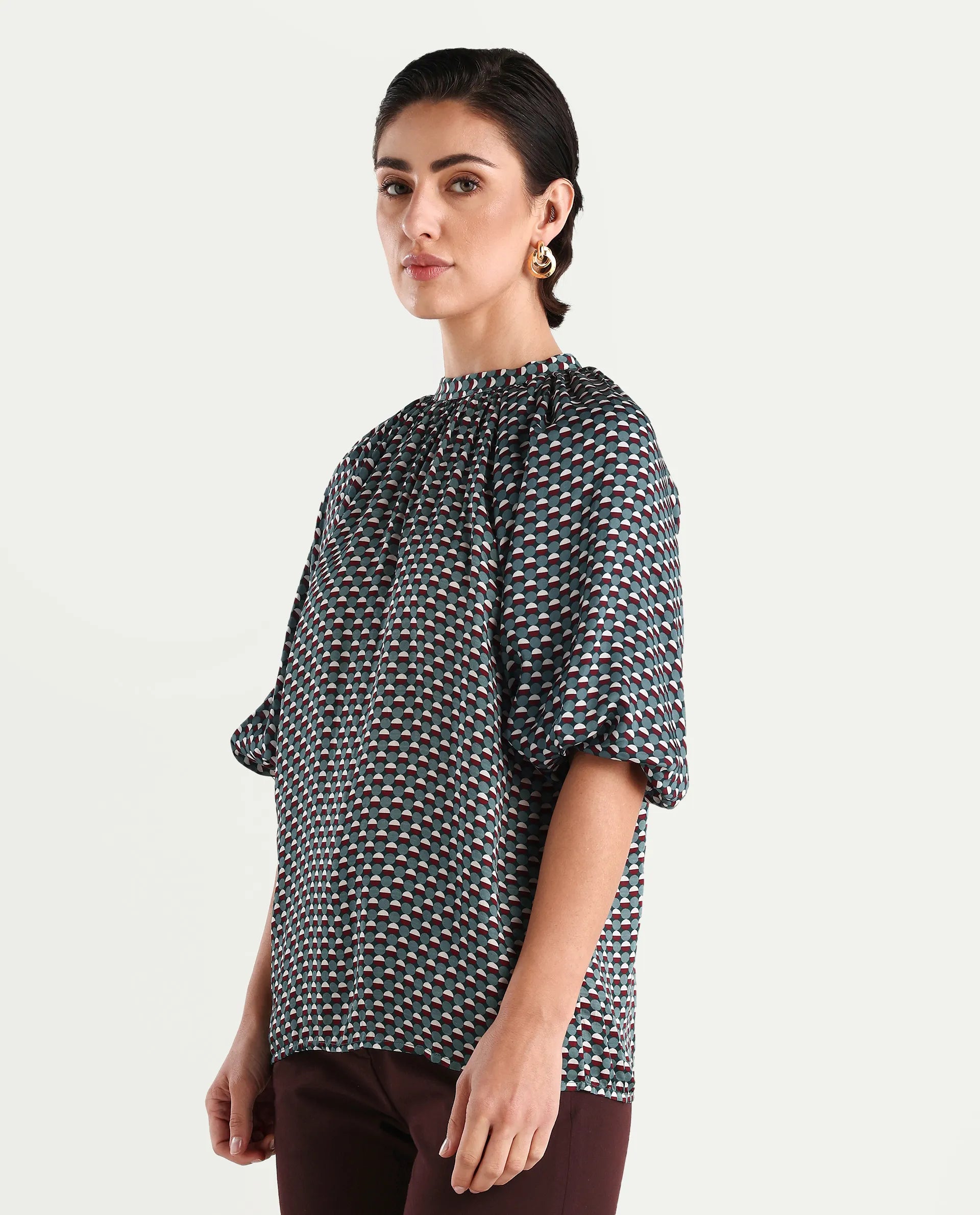 Rareism Women's Epizo Teal Satin Abstract Print Raglan Sleeve Regular Fit Top