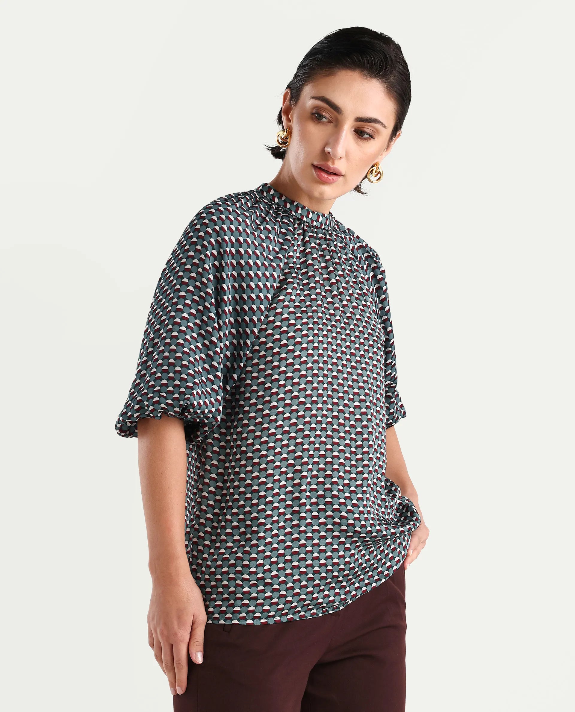 Rareism Women's Epizo Teal Satin Abstract Print Raglan Sleeve Regular Fit Top