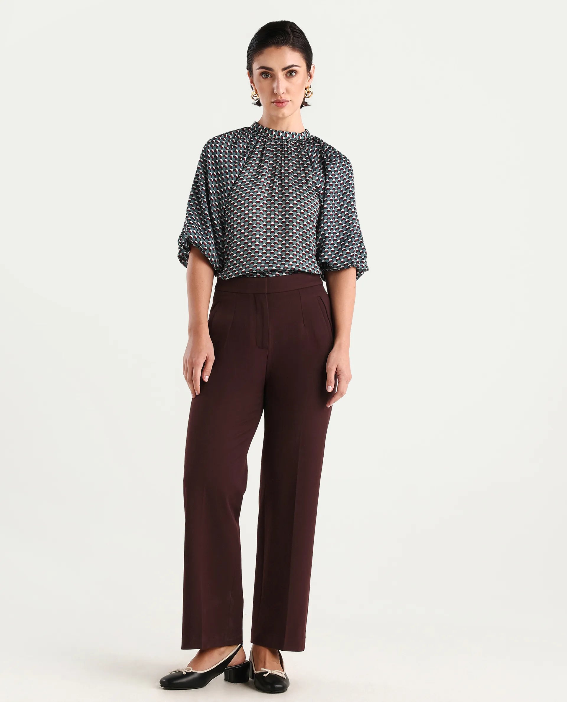 Rareism Women's Epizo Teal Satin Abstract Print Raglan Sleeve Regular Fit Top