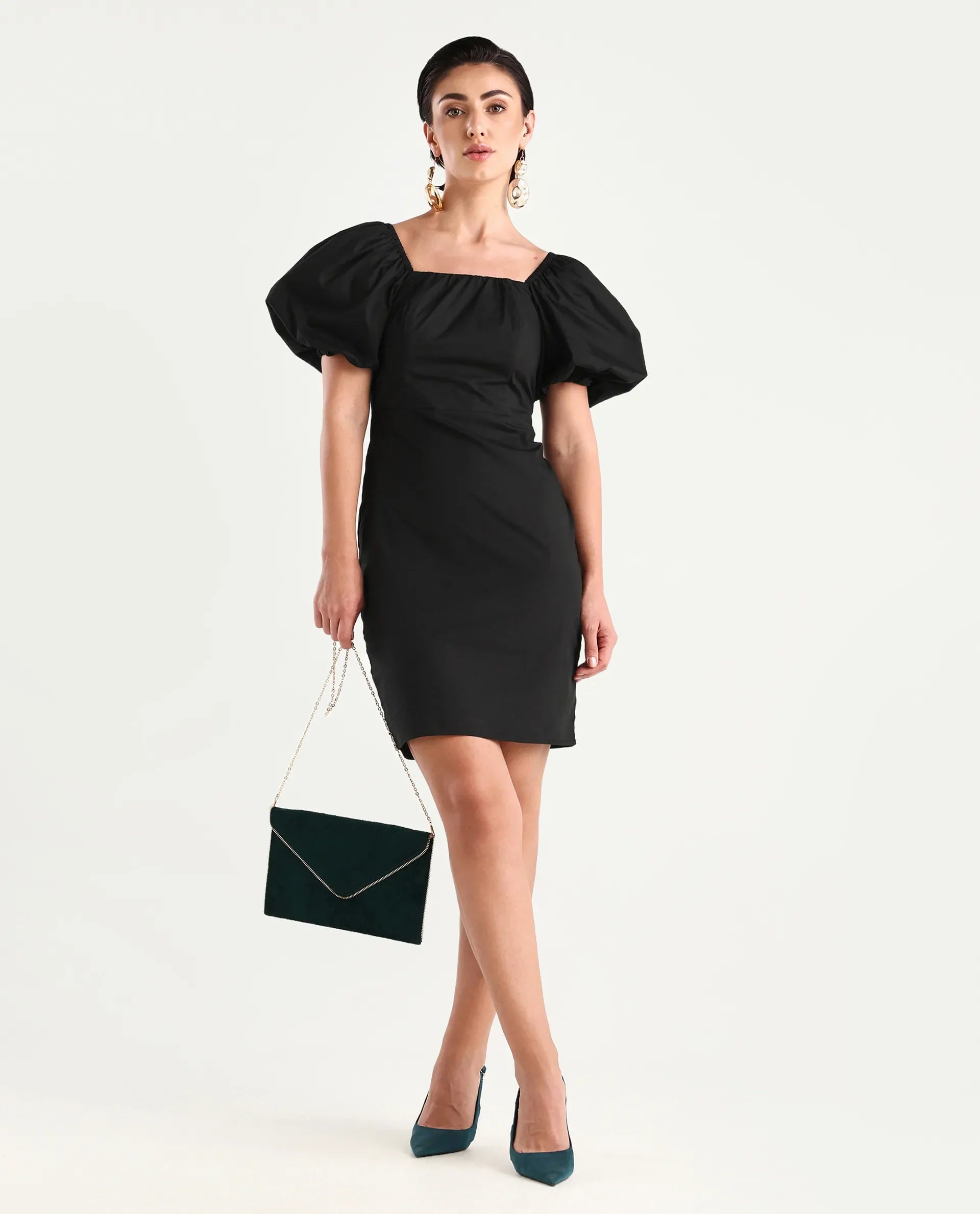 Rareism Women's Eplan Black Cotton Blend Square Neck Plain Balloon Sleeve Mini Straight Fit Dress