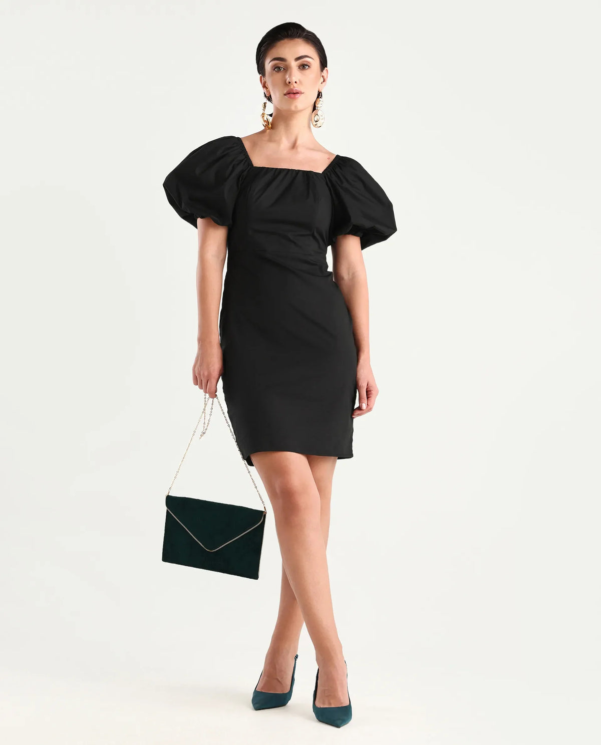 Rareism Women's Eplan Black Cotton Square Neck Plain Balloon Sleeve Mini Straight Fit Dress