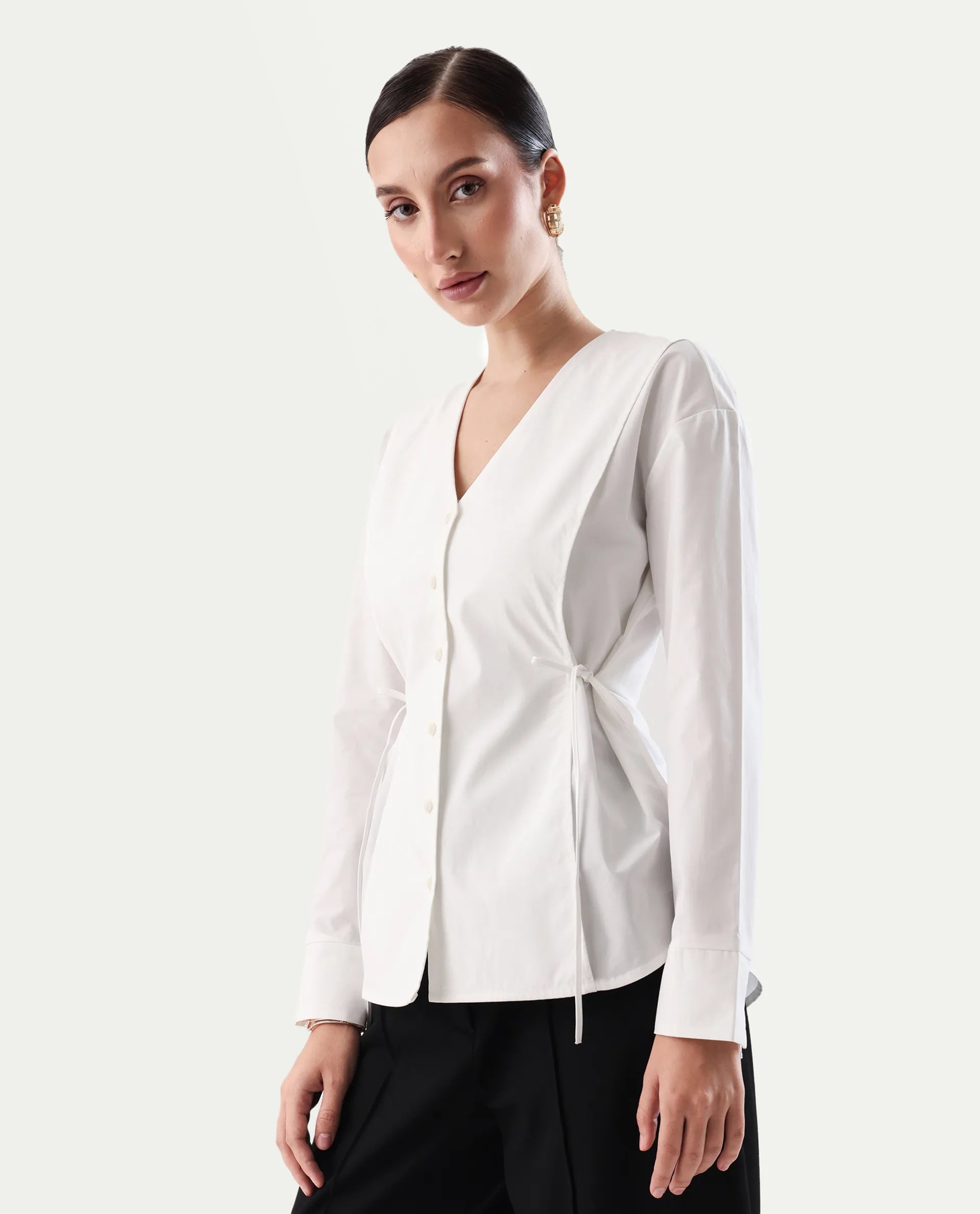 Rareism Women's Epled White Cotton Crew Neck Plain Cuffed Sleeve Regular Fit Top