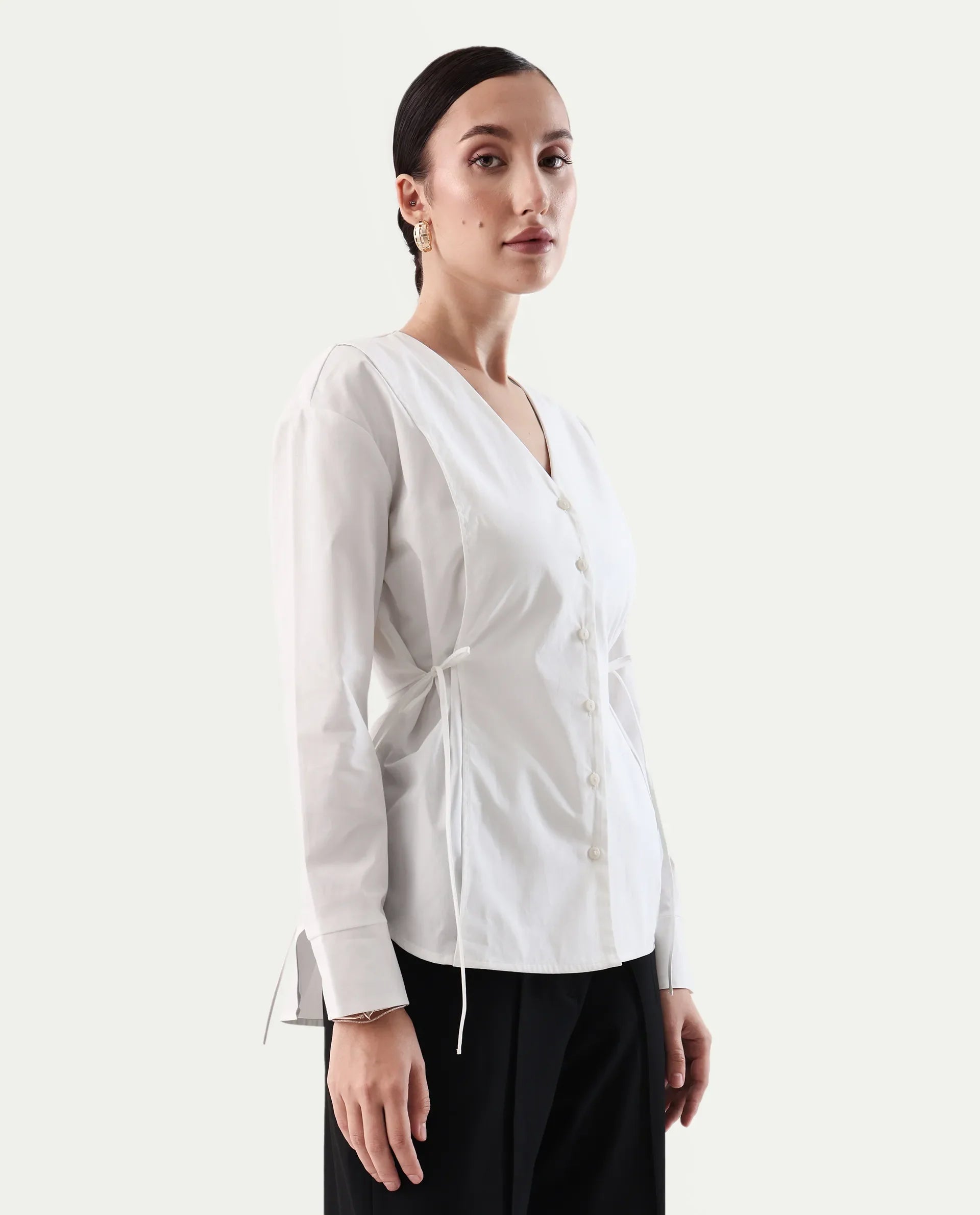 Rareism Women's Epled White Cotton Crew Neck Plain Cuffed Sleeve Regular Fit Top