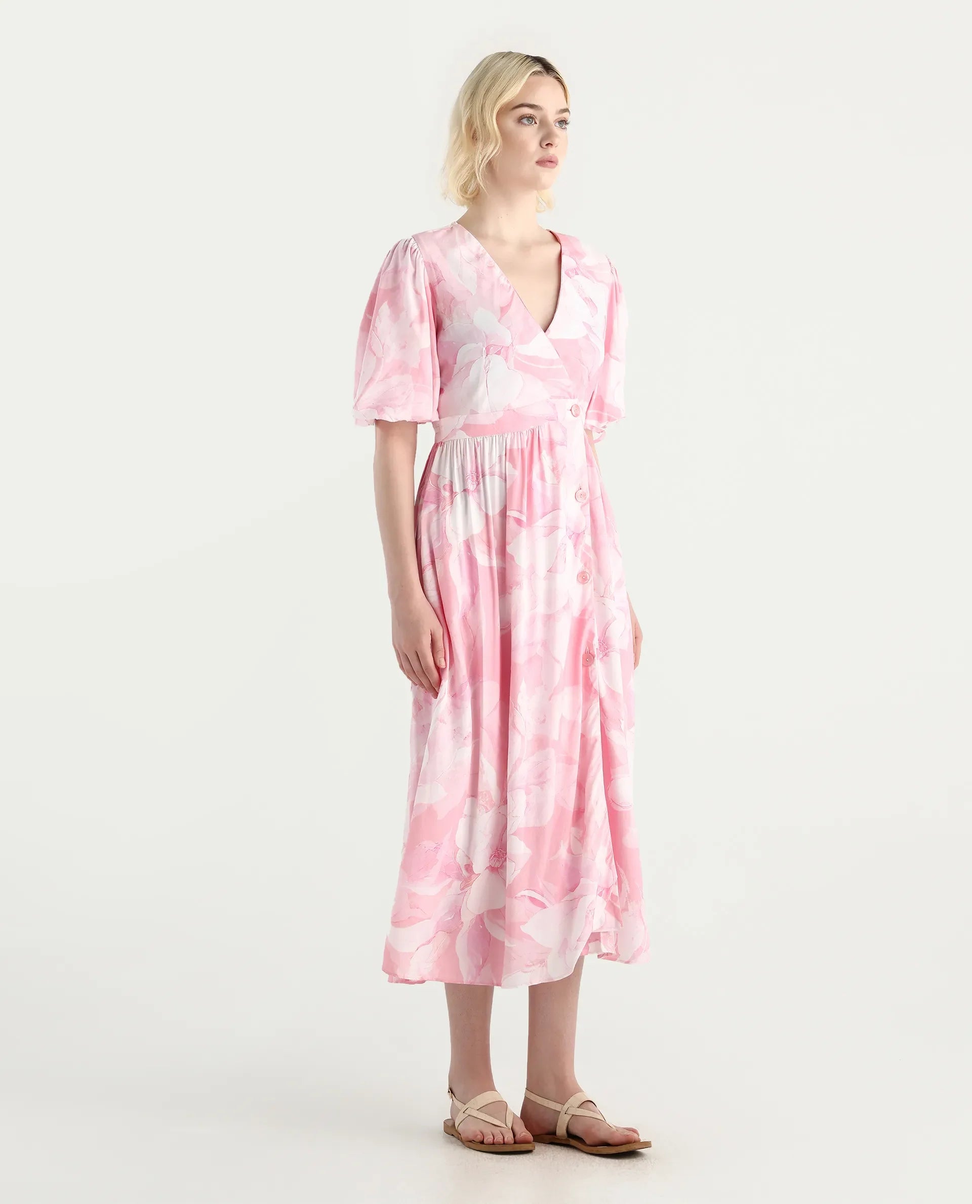 Rareism Women's Epleo Light Pink Viscose V-Neck Printed Balloon Sleeve Midi Regular Fit Dress