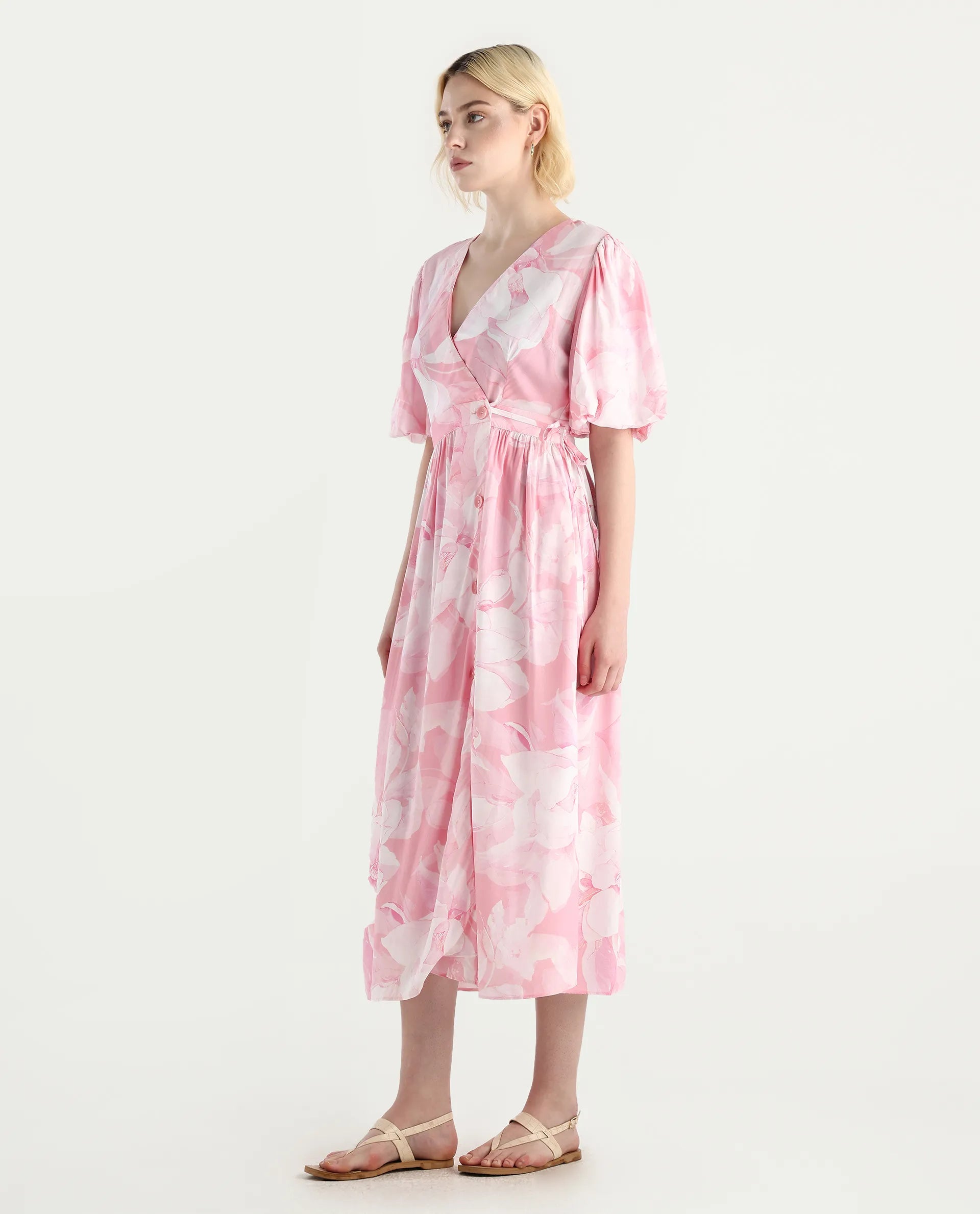 Rareism Women's Epleo Light Pink Viscose V-Neck Printed Balloon Sleeve Midi Regular Fit Dress