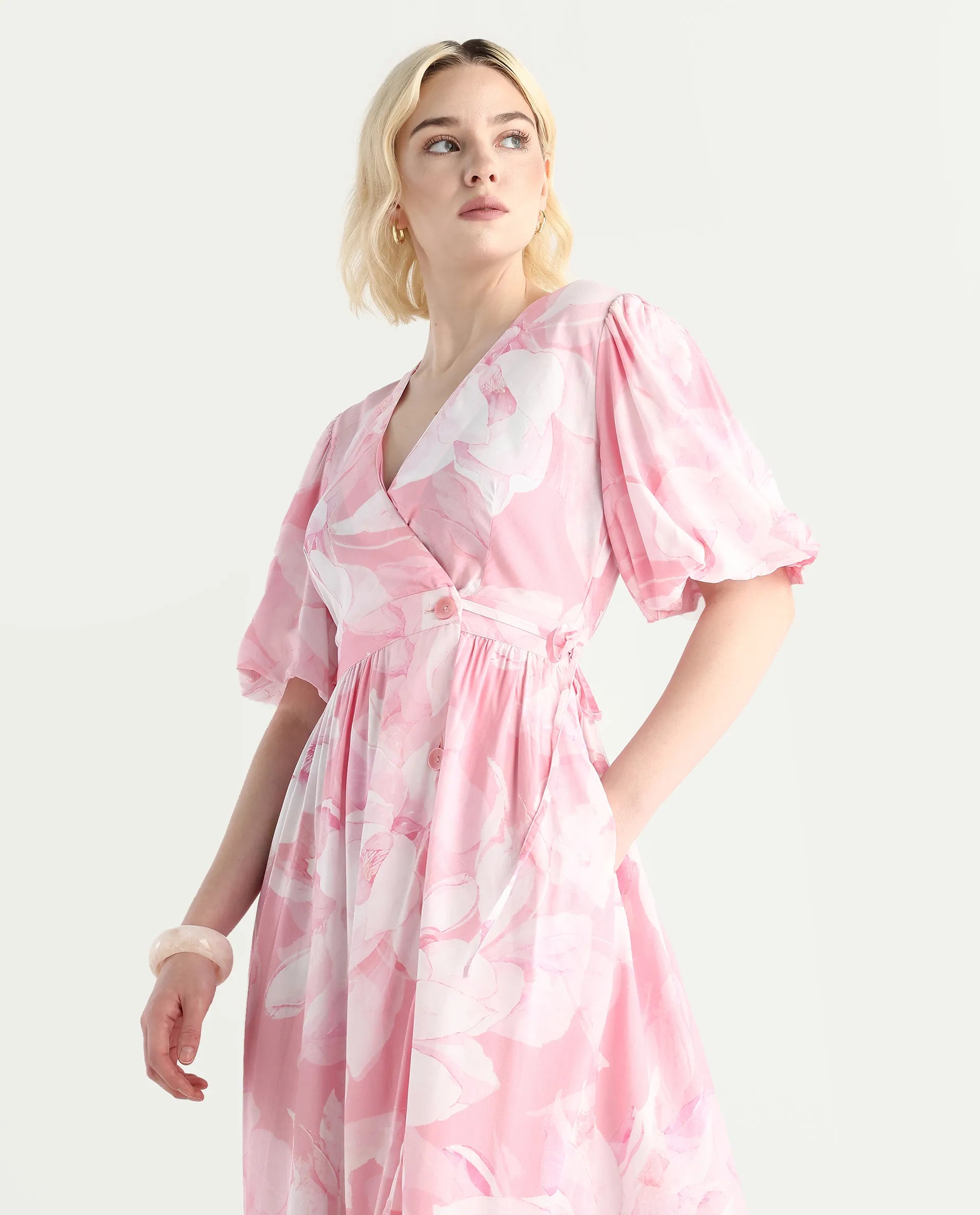 Rareism Women's Epleo Light Pink Viscose V-Neck Printed Balloon Sleeve Midi Regular Fit Dress