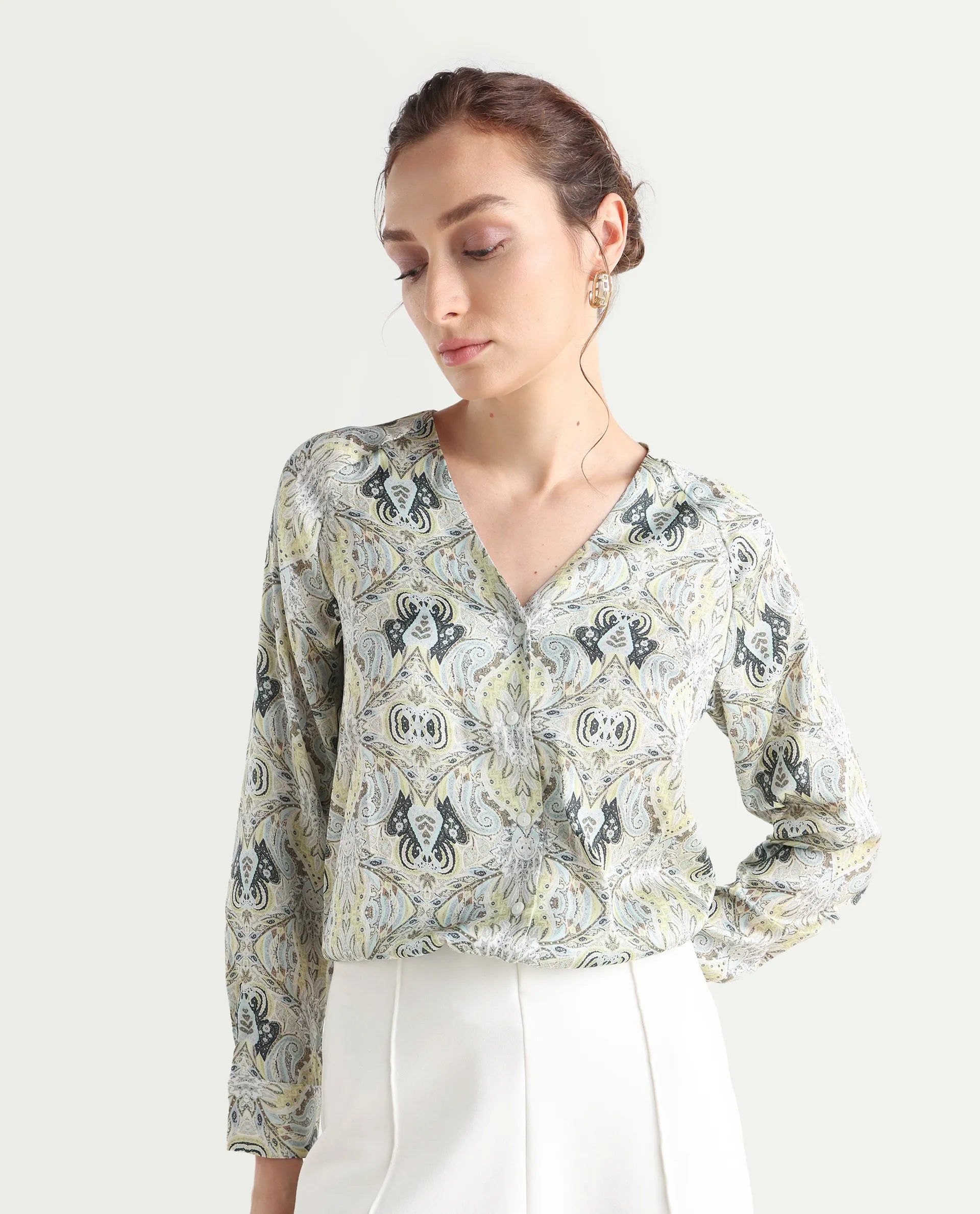 Rareism Women's Epoll Multi Satin Abstract Print Raglan Sleeve Relaxed Fit Top