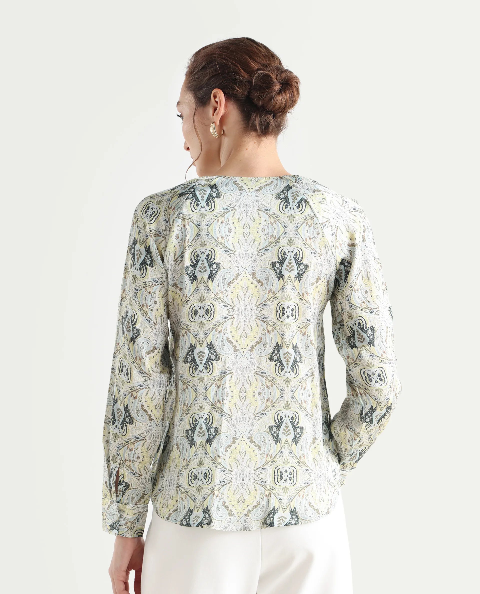 Rareism Women's Epoll Multi Satin Abstract Print Raglan Sleeve Relaxed Fit Top