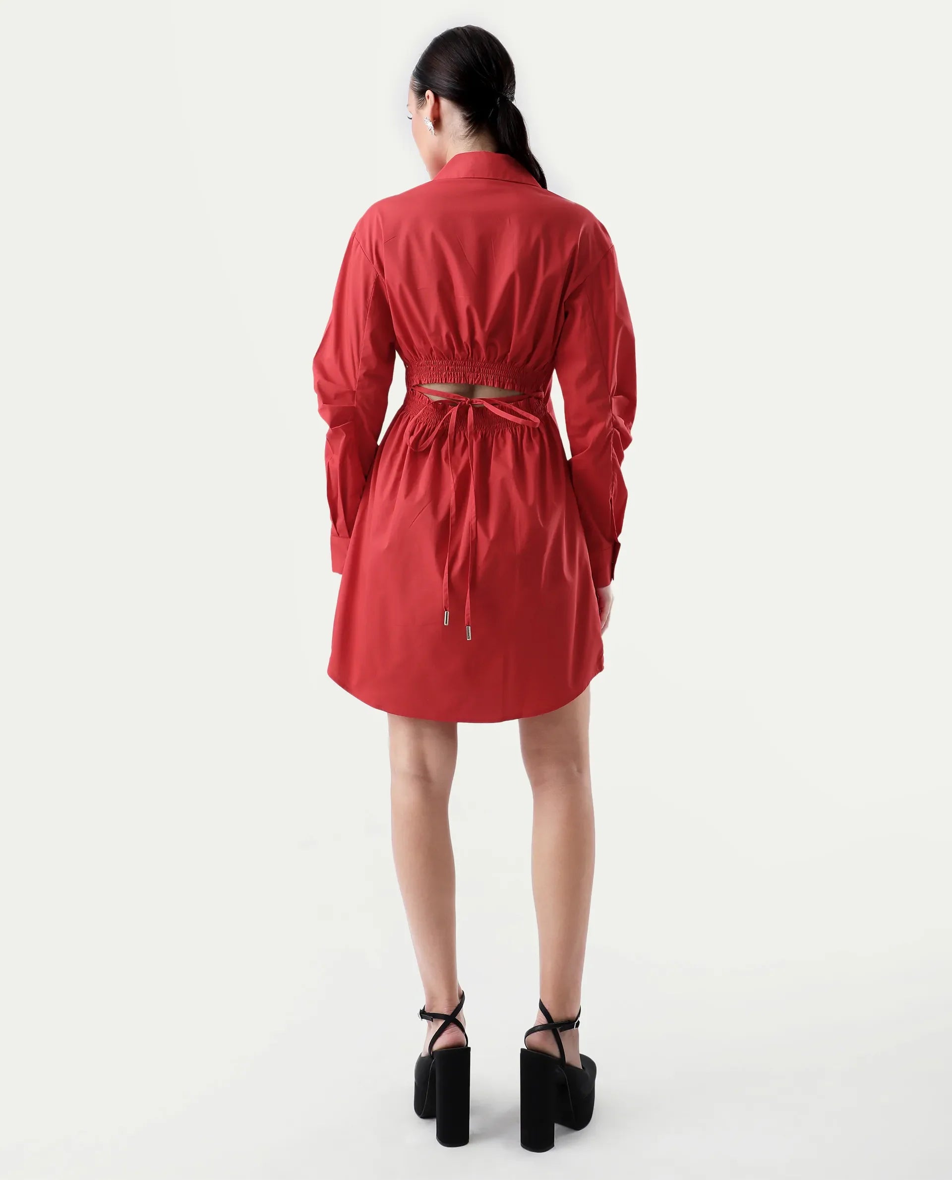 Rareism Women's Epops Red Polyester Blend Collared Plain Cuffed Sleeve Knee Length A-Line Dress