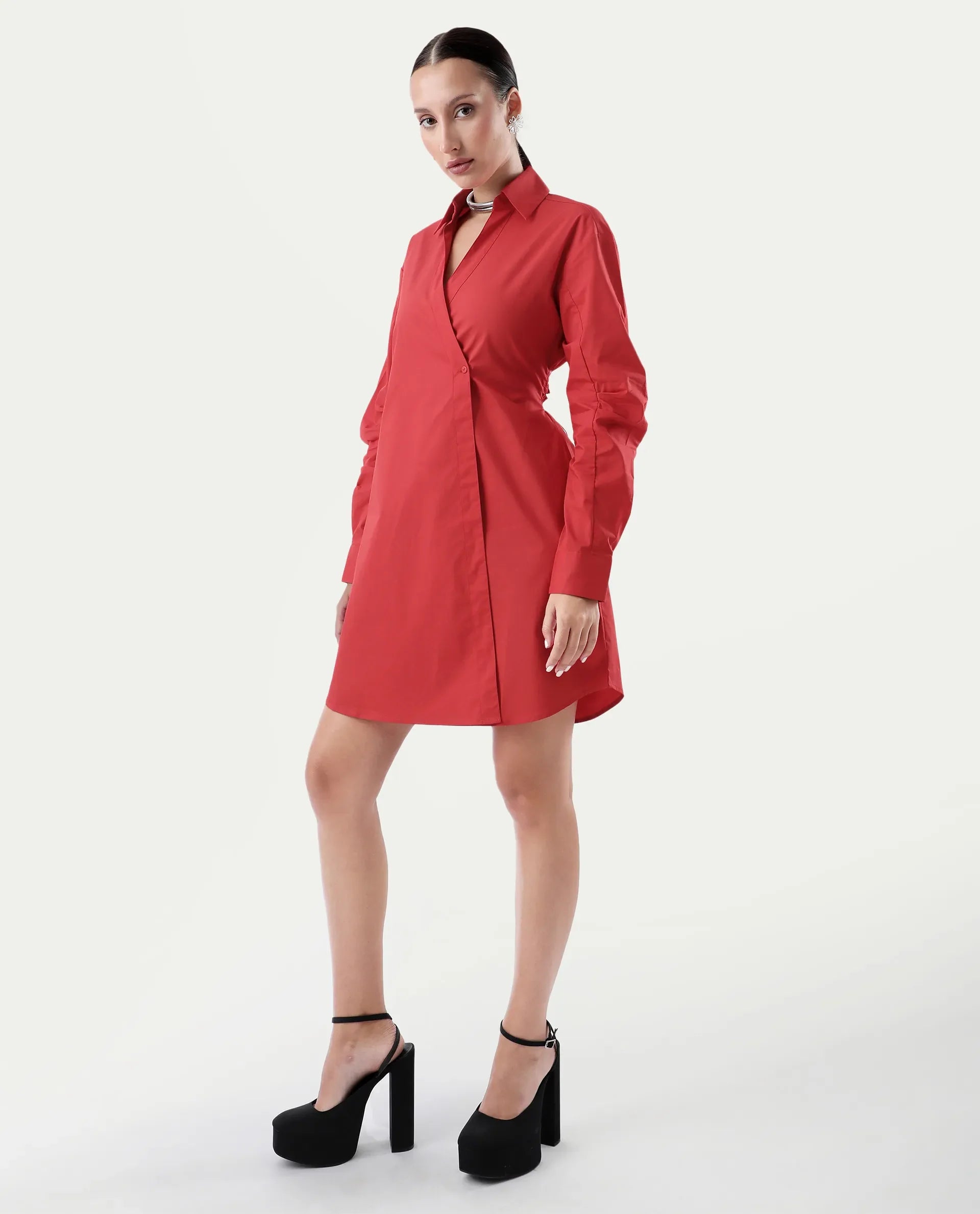 Rareism Women's Epops Red Cotton Blend Collared Plain Cuffed Sleeve Knee Length A-Line Dress