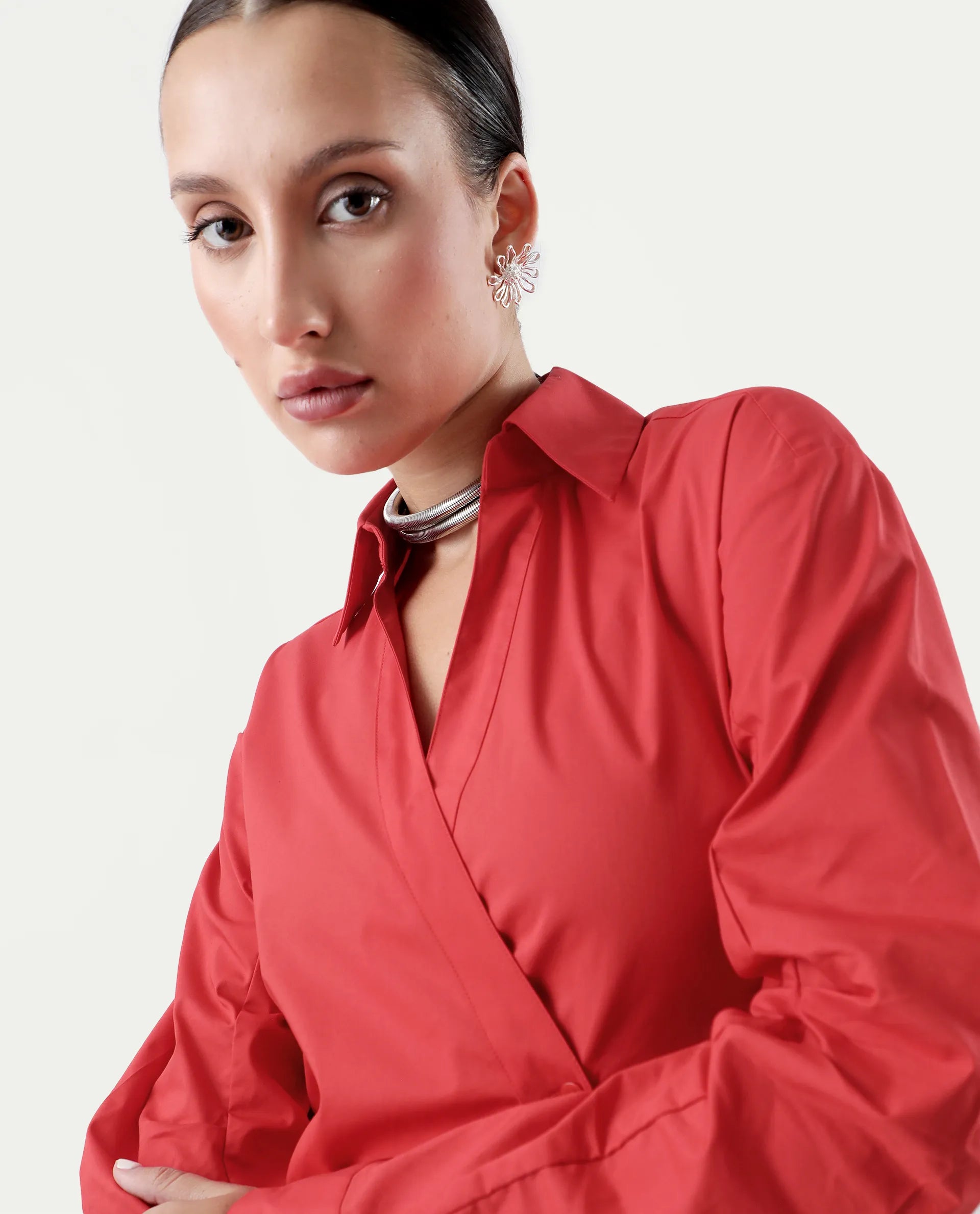 Rareism Women's Epops Red Cotton Blend Collared Plain Cuffed Sleeve Knee Length A-Line Dress