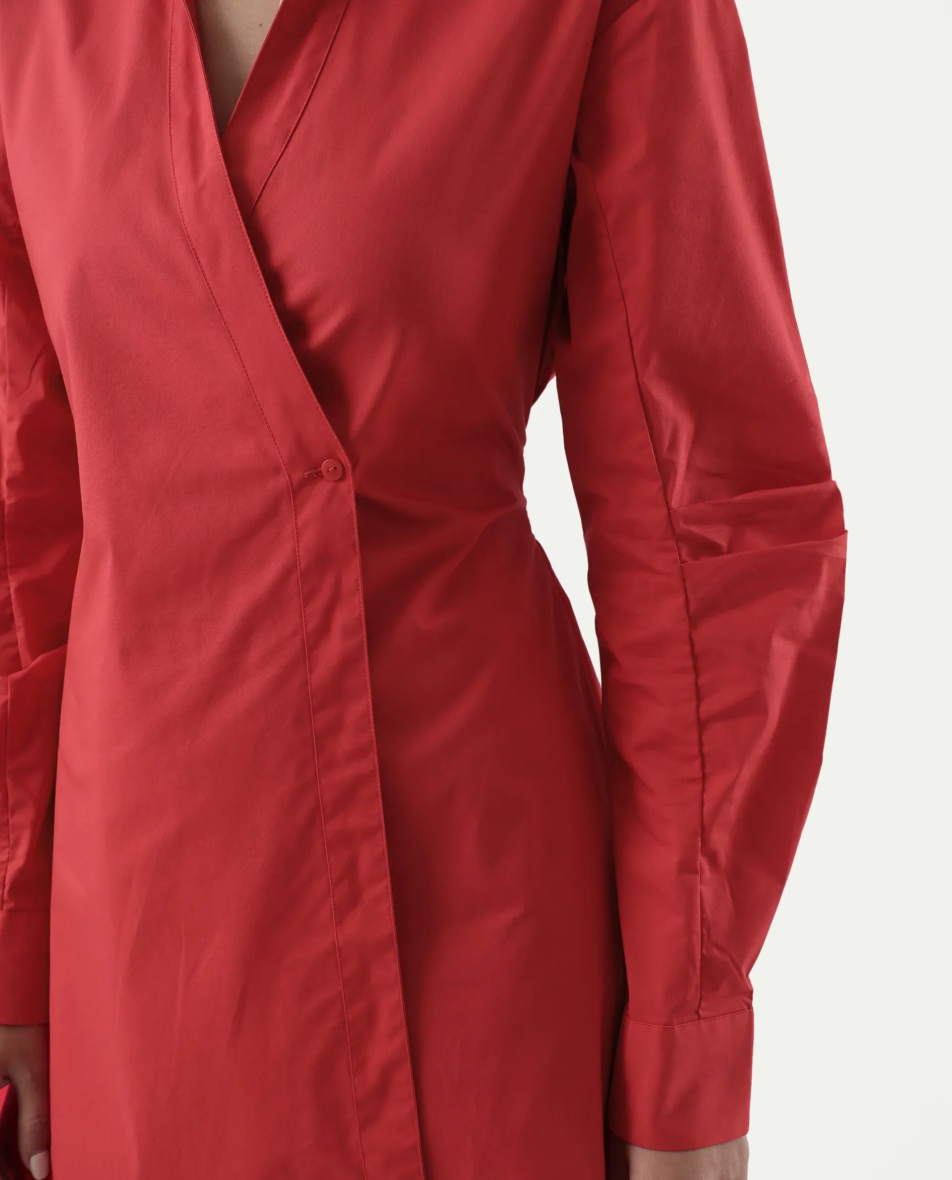 Rareism Women's Epops Red Cotton Blend Collared Plain Cuffed Sleeve Knee Length A-Line Dress