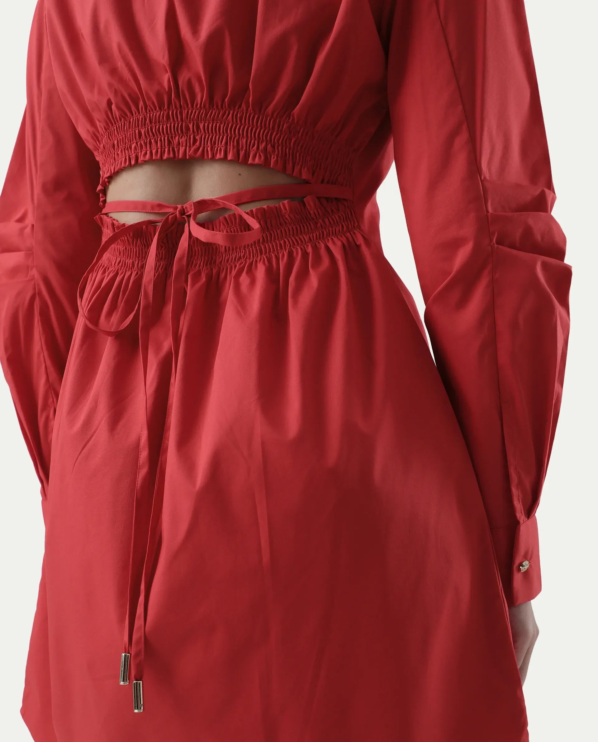 Rareism Women's Epops Red Cotton Blend Collared Plain Cuffed Sleeve Knee Length A-Line Dress