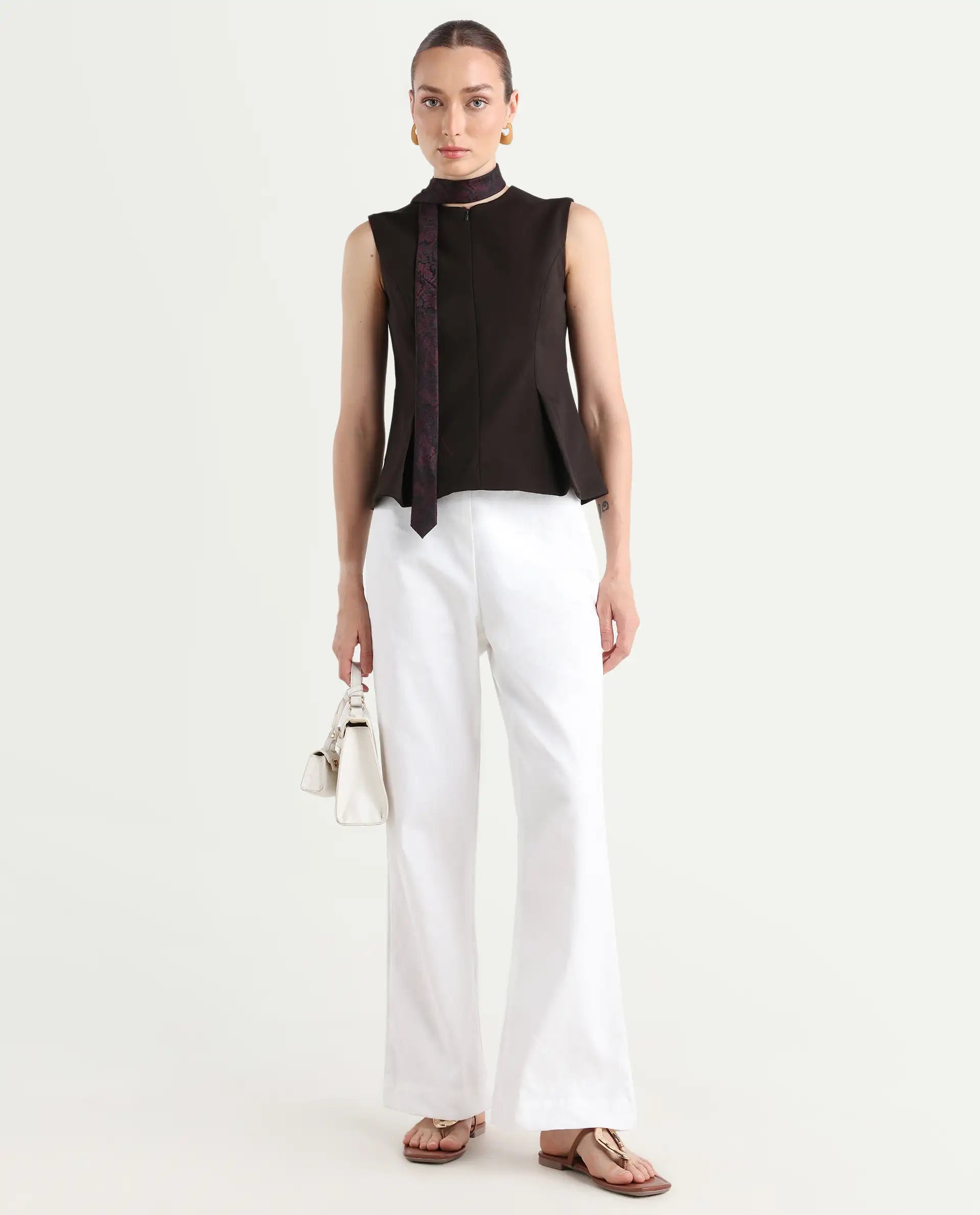 Rareism Women's Epors White Linen Plain Ankle Length Straight Fit Trouser