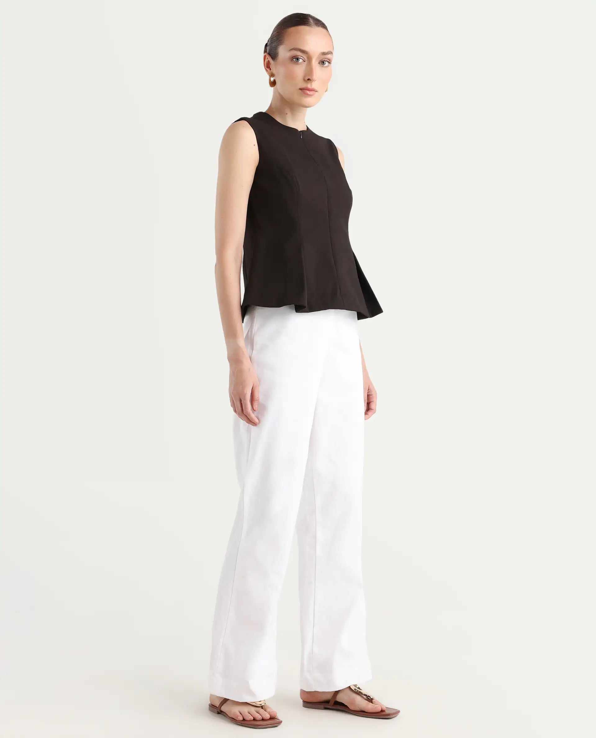 Rareism Women's Epors White Linen Plain Ankle Length Straight Fit Trouser