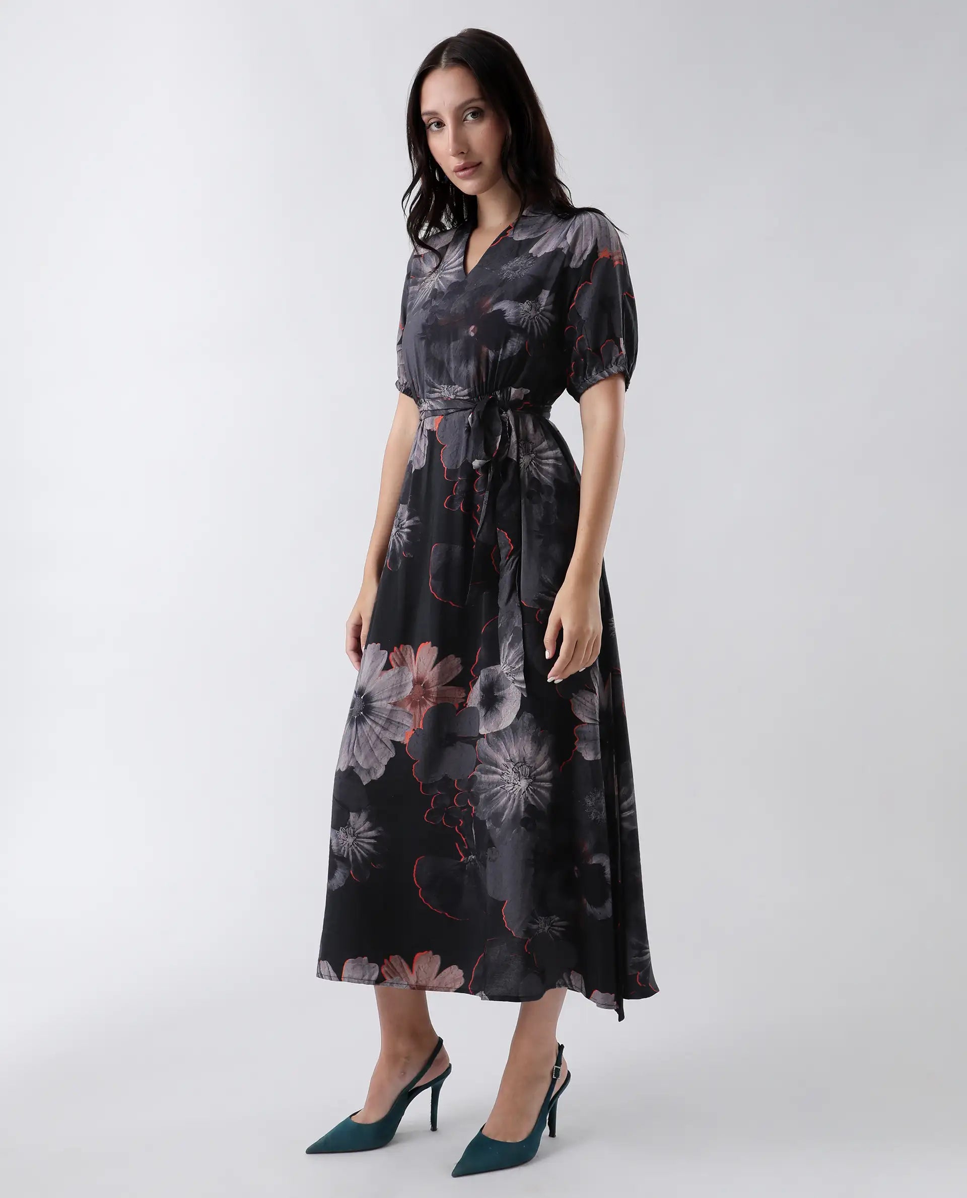 Rareism Women's Epory Black Viscose Blend Floral Print Extended Sleeves Midi A-Line Dress