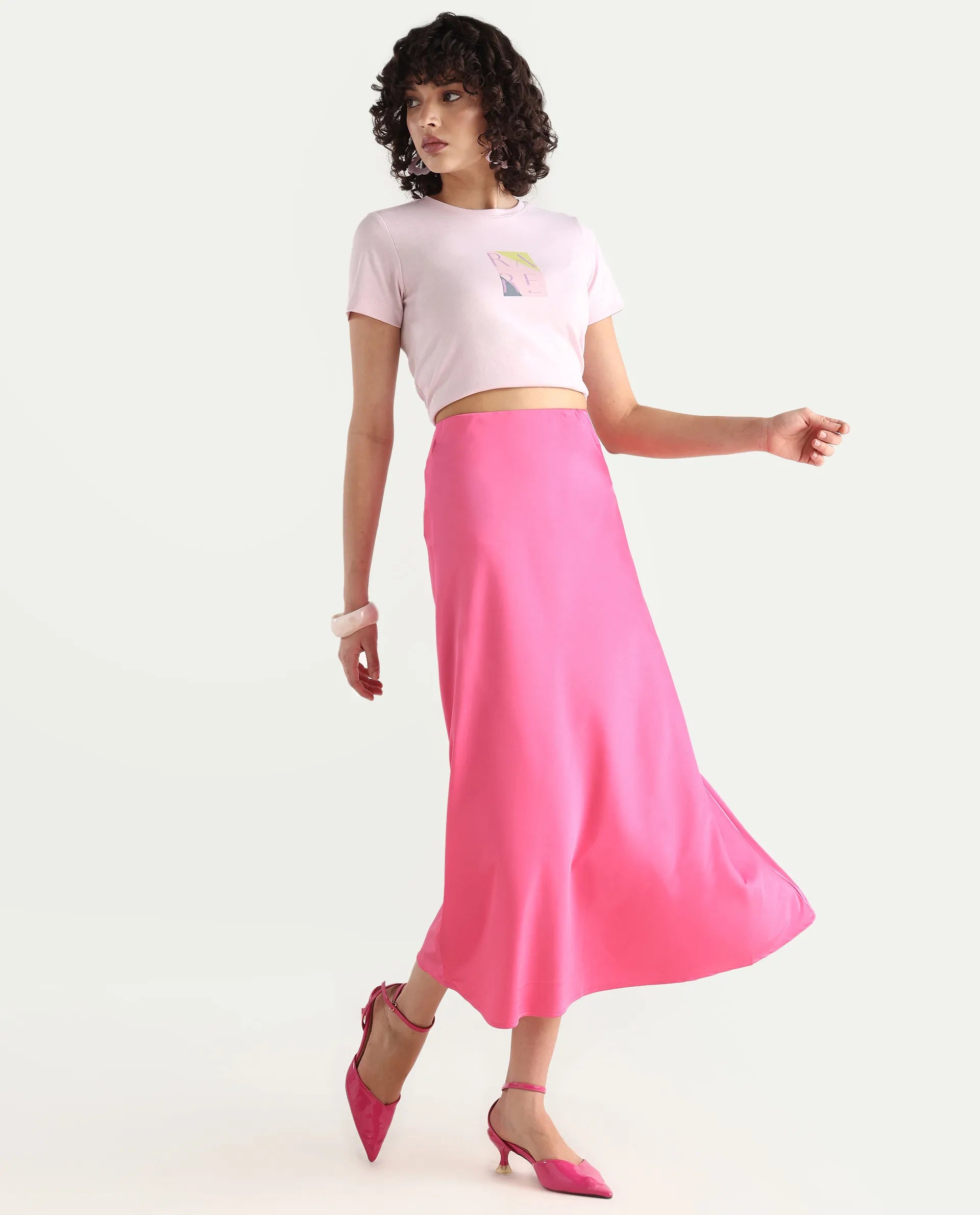 Rareism Women's Eprim Pink Satin Plain Maxi A-Line Skirt