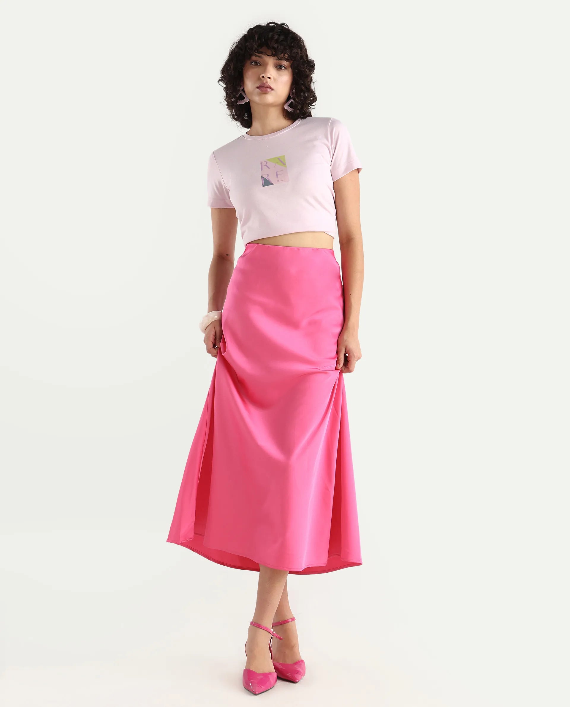 Rareism Women's Eprim Pink Satin Plain Maxi A-Line Skirt