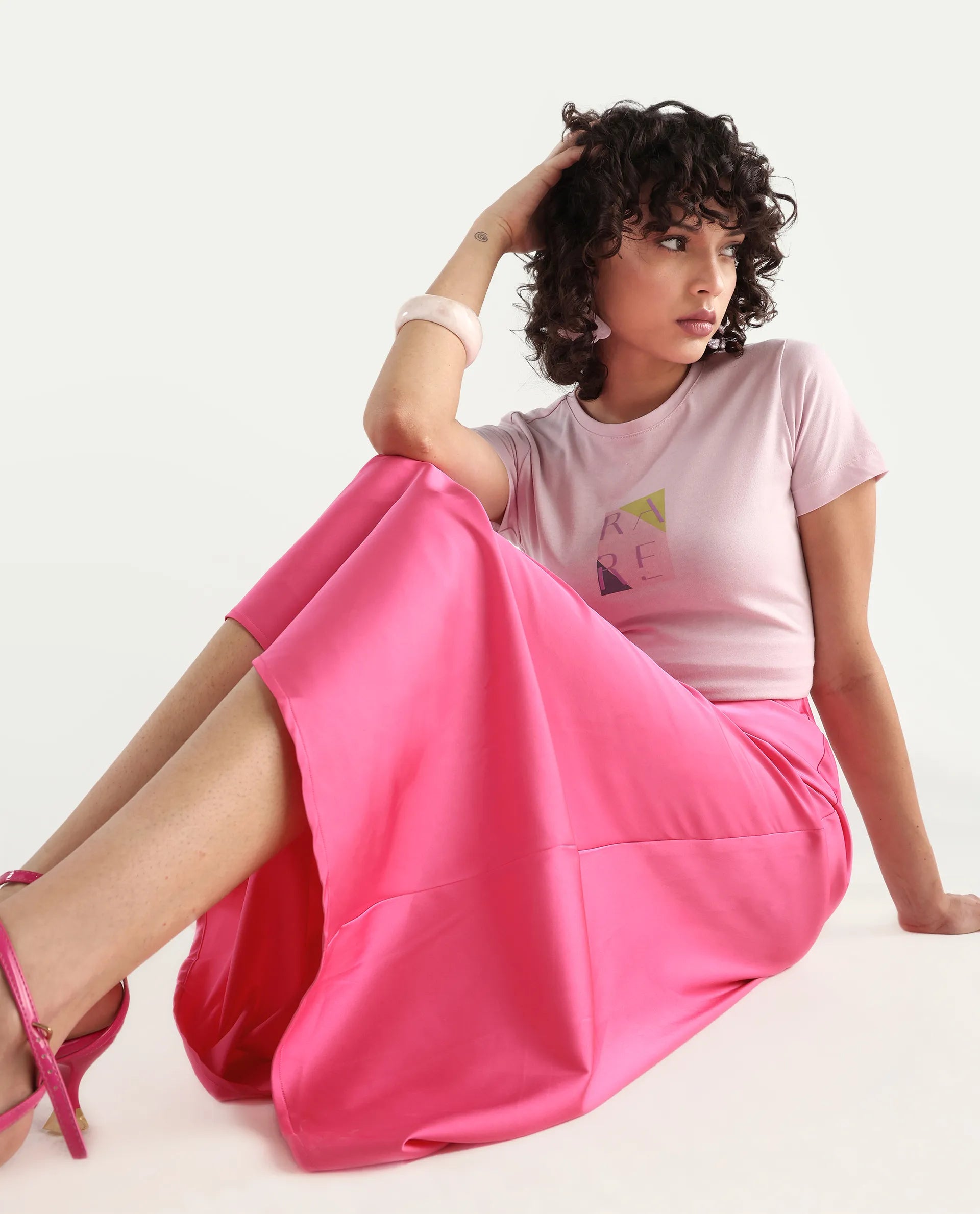 Rareism Women's Eprim Pink Satin Plain Maxi A-Line Skirt