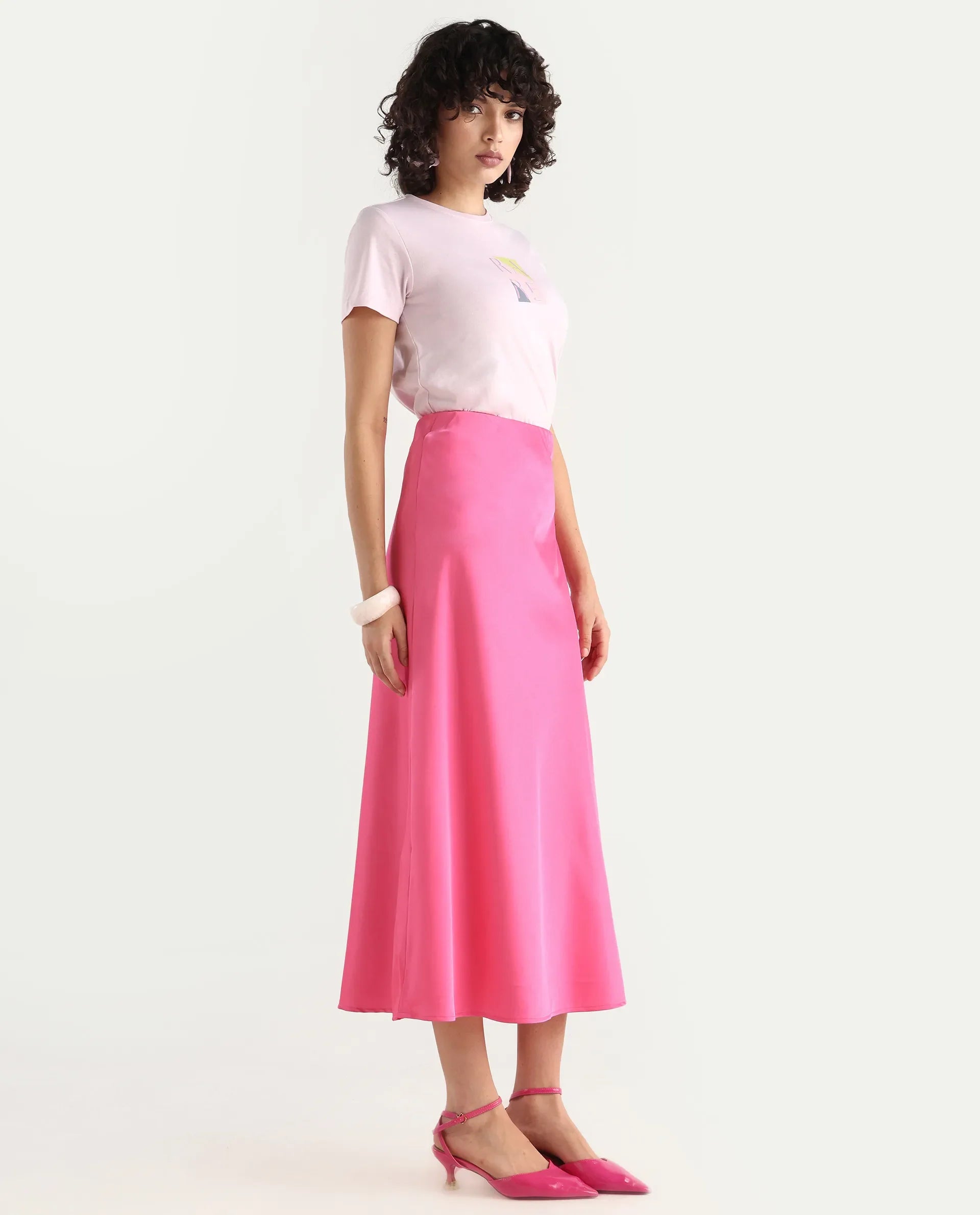 Rareism Women's Eprim Pink Satin Plain Maxi A-Line Skirt