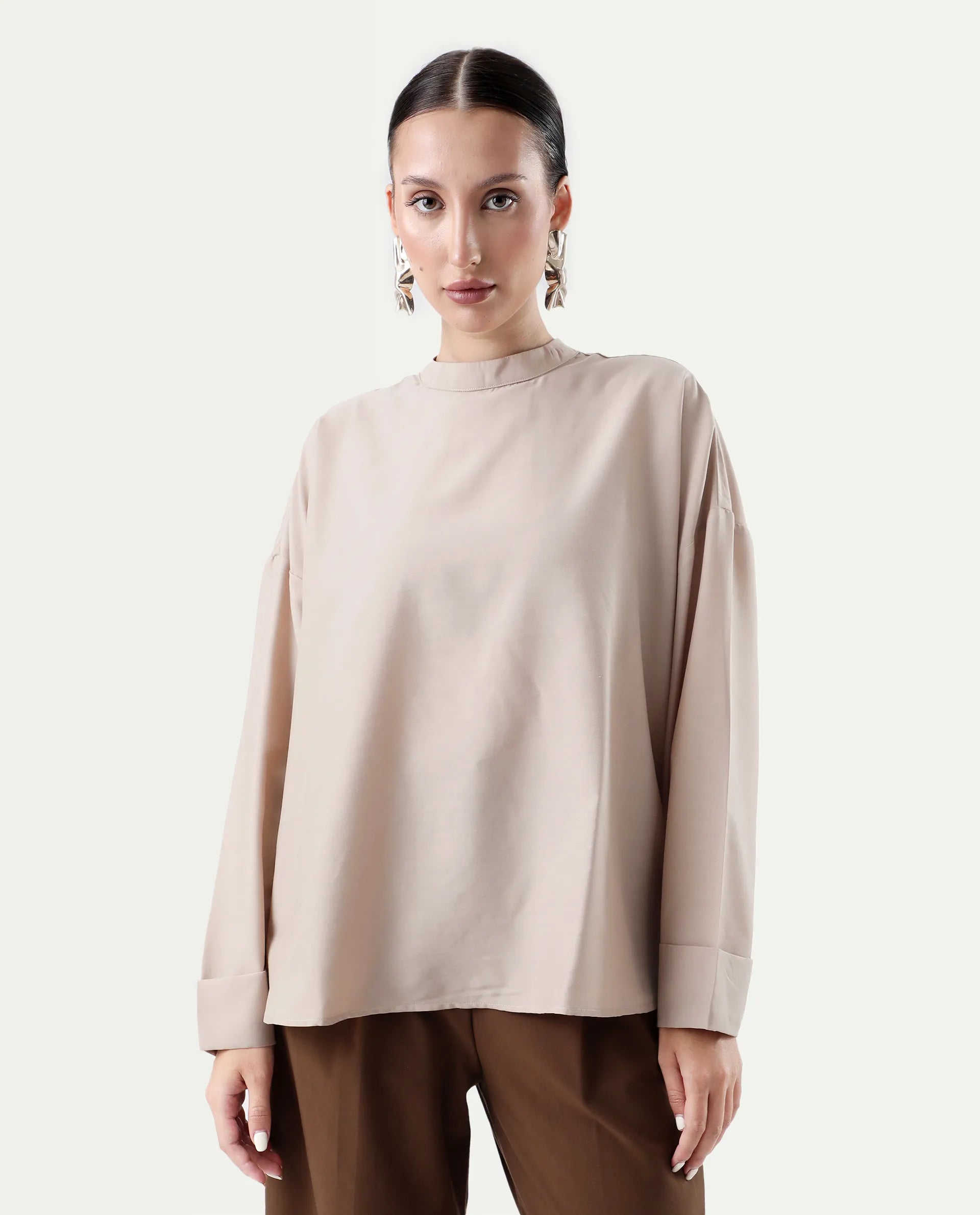 Rareism Women's Epsis Beige Cotton Plain Oversized Top