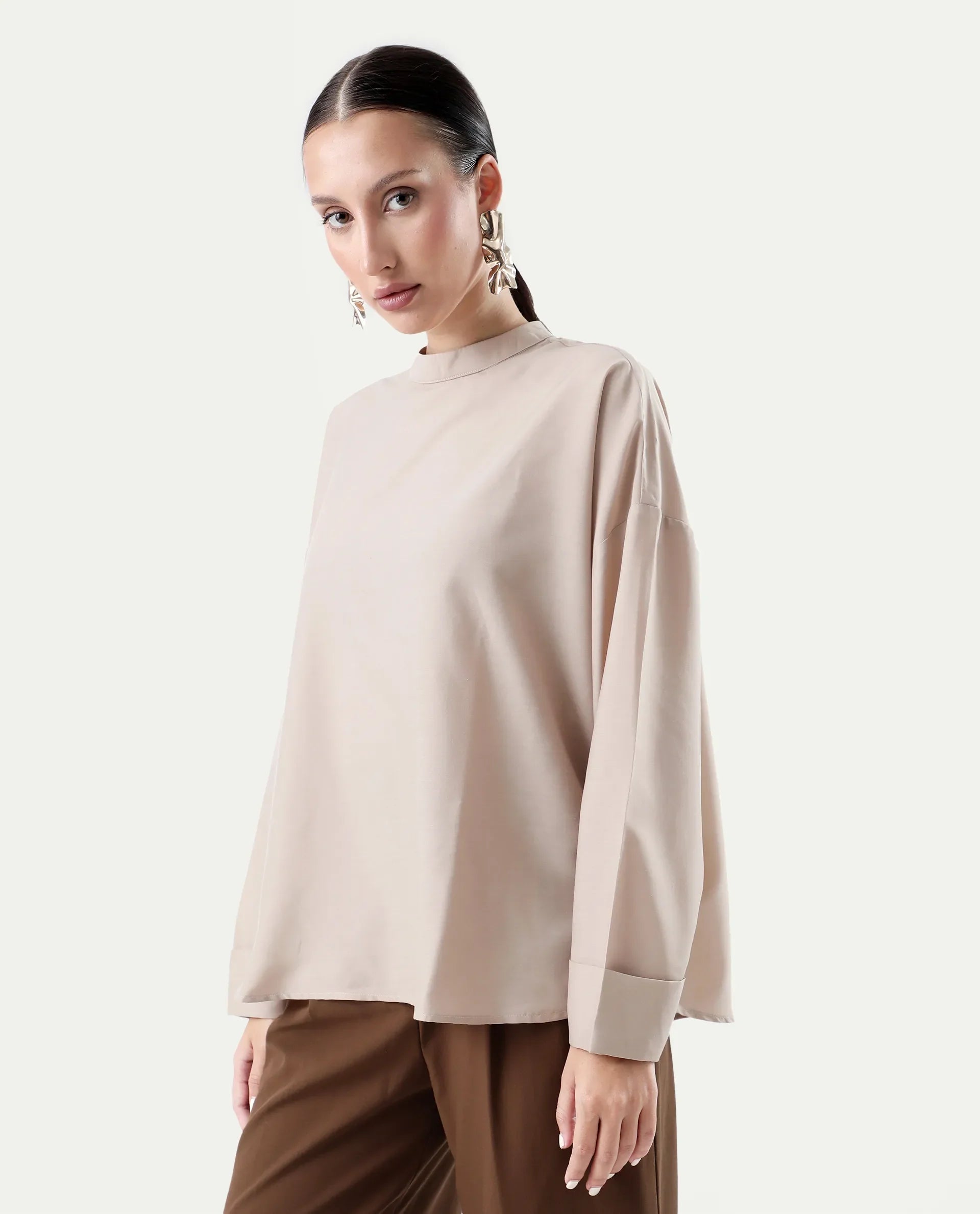 Rareism Women's Epsis Beige Cotton Plain Oversized Top