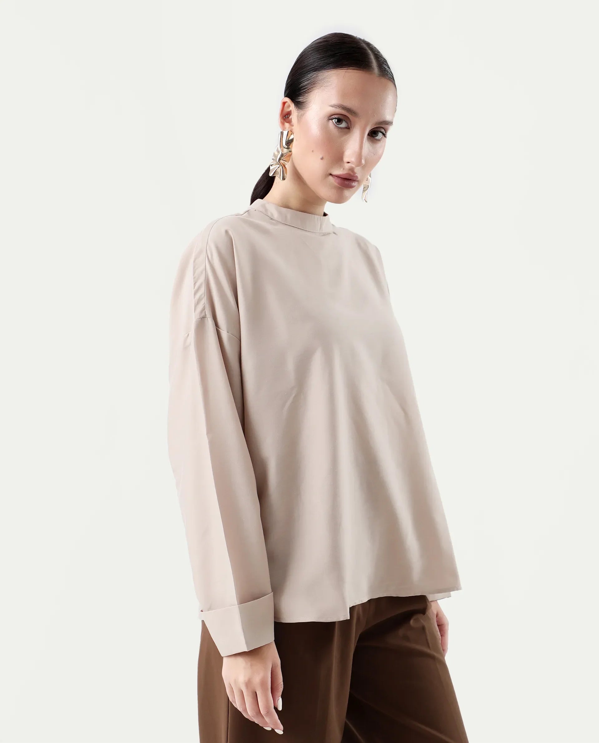 Rareism Women's Epsis Beige Cotton Plain Oversized Top