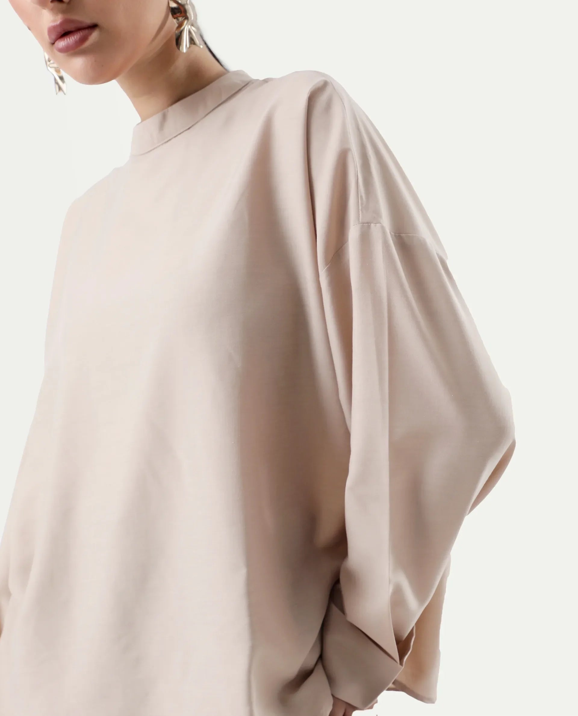 Rareism Women's Epsis Beige Cotton Plain Oversized Top