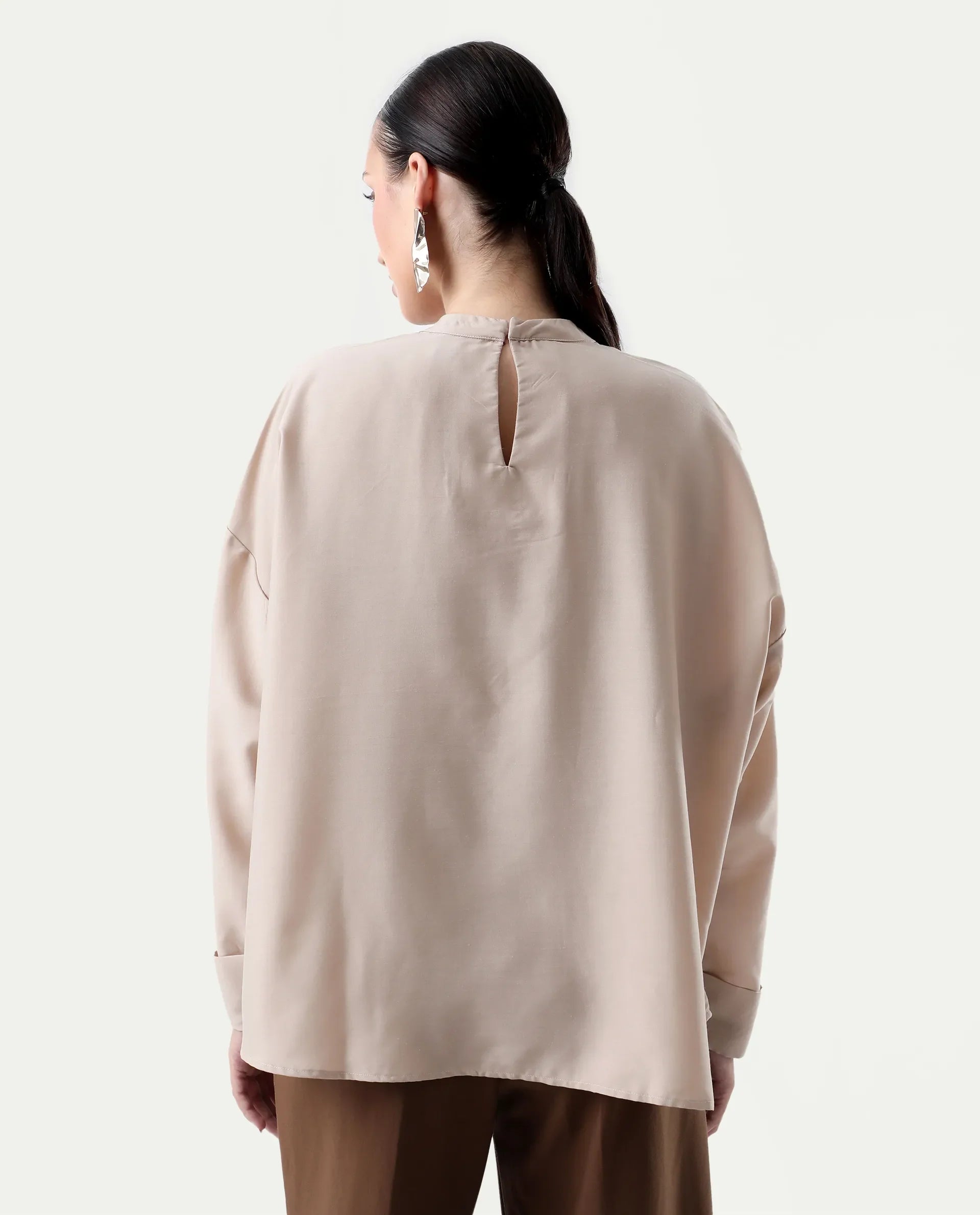 Rareism Women's Epsis Beige Cotton Plain Oversized Top