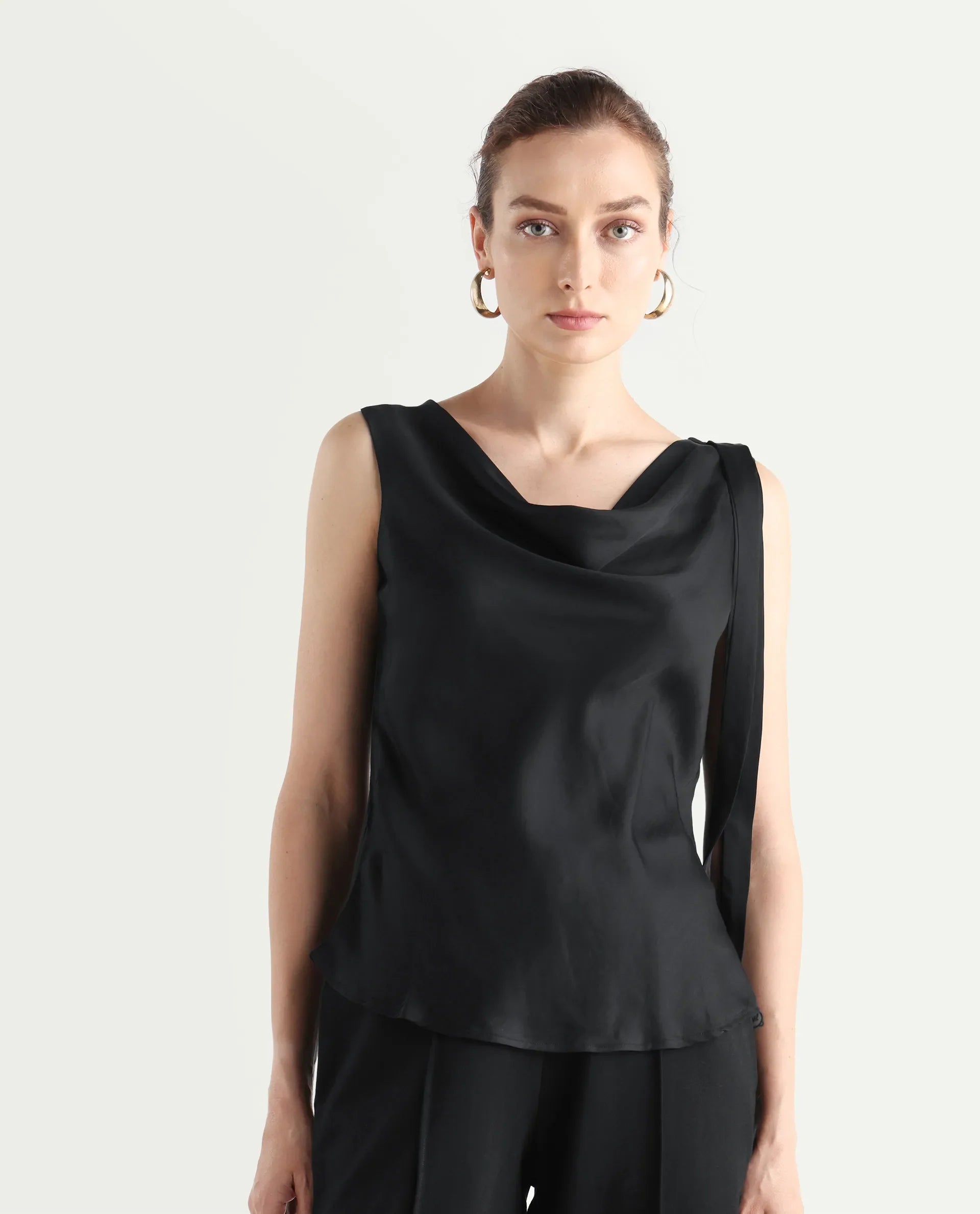 Rareism Women's Epuke Black Satin Boat Neck Plain Sleeveless Regular Fit Top