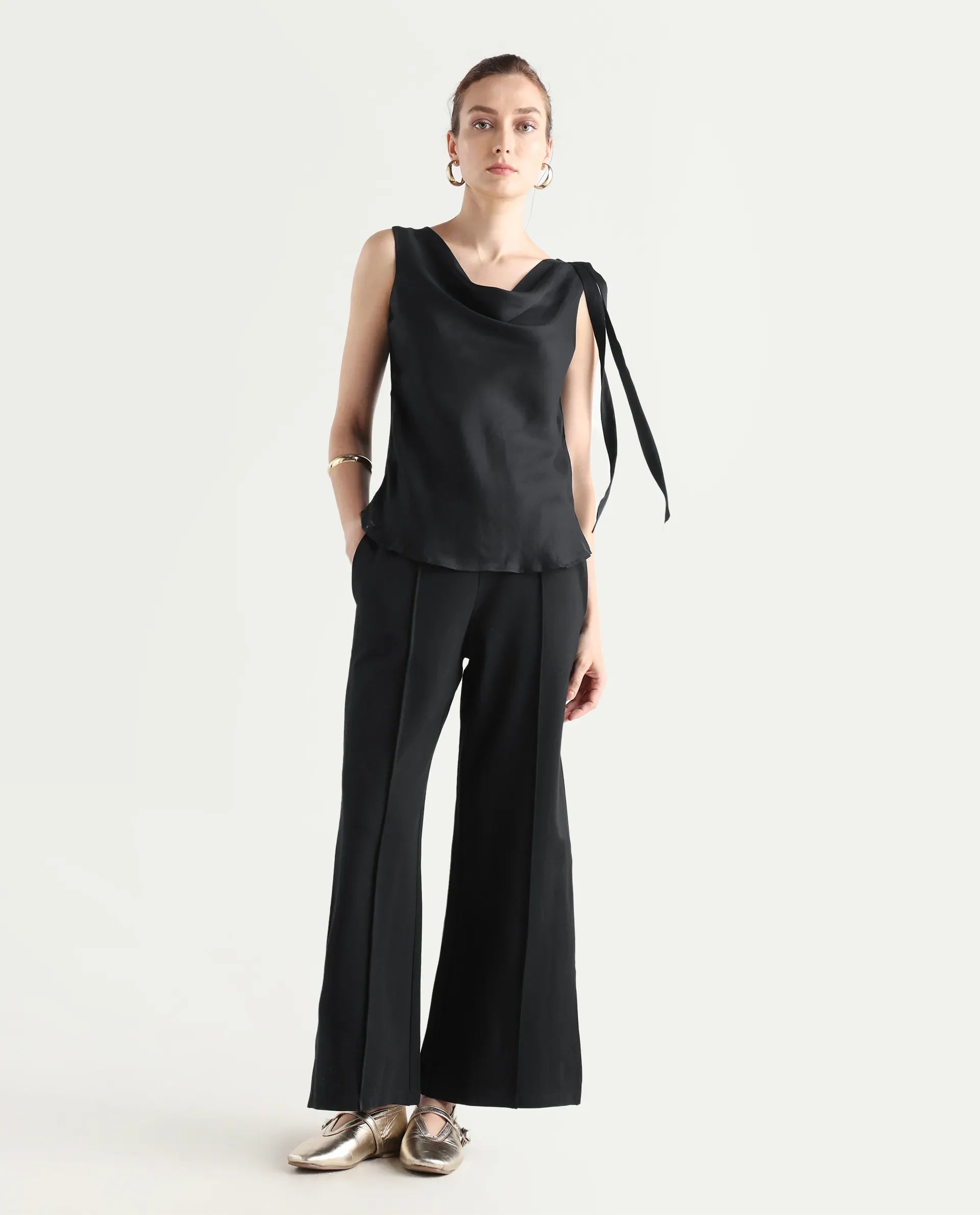 Rareism Women's Epuke Black Satin Boat Neck Plain Sleeveless Regular Fit Top