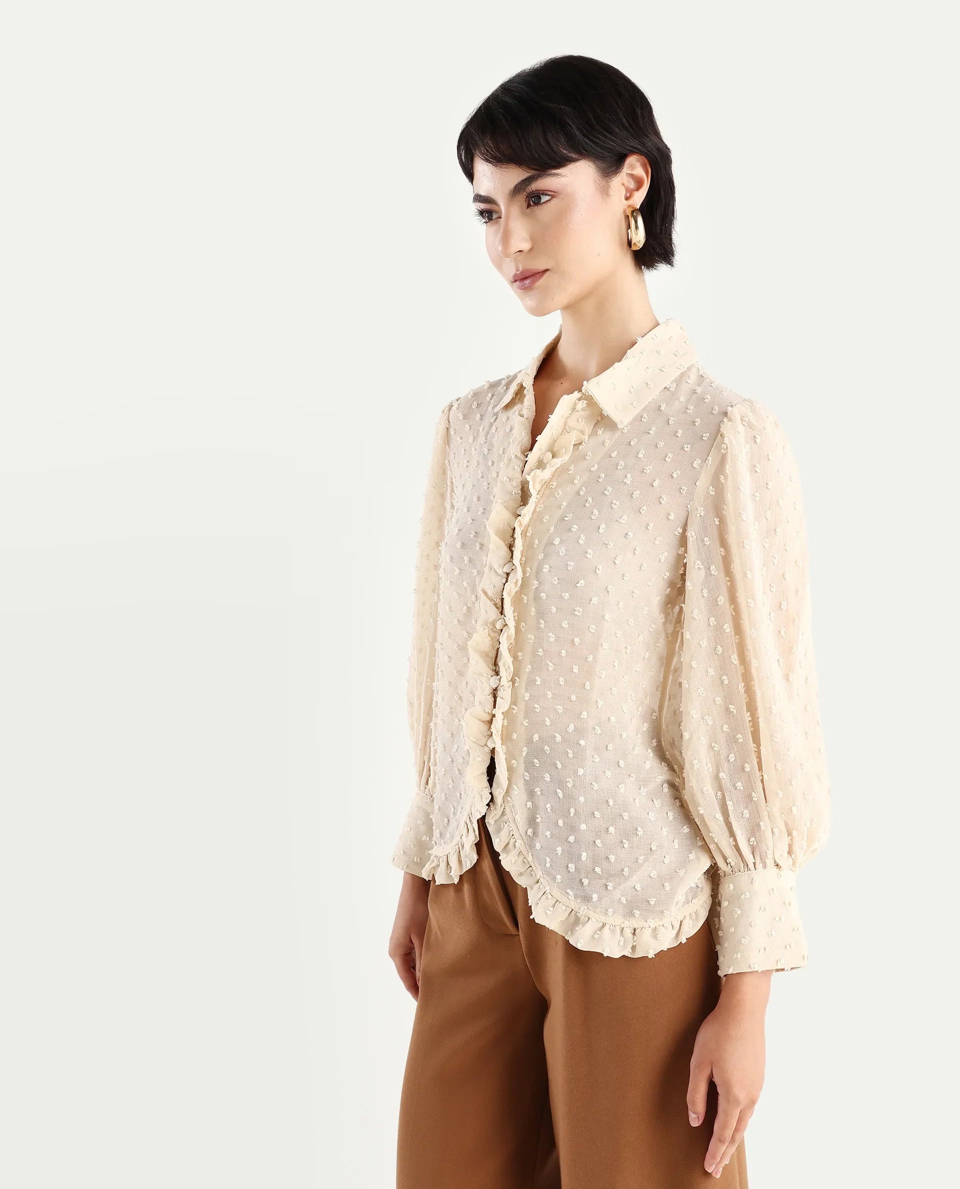 Rareism Women's Erat Beige Polyester Blend Drop Collar Plain Bishop Sleeve Regular Fit Top