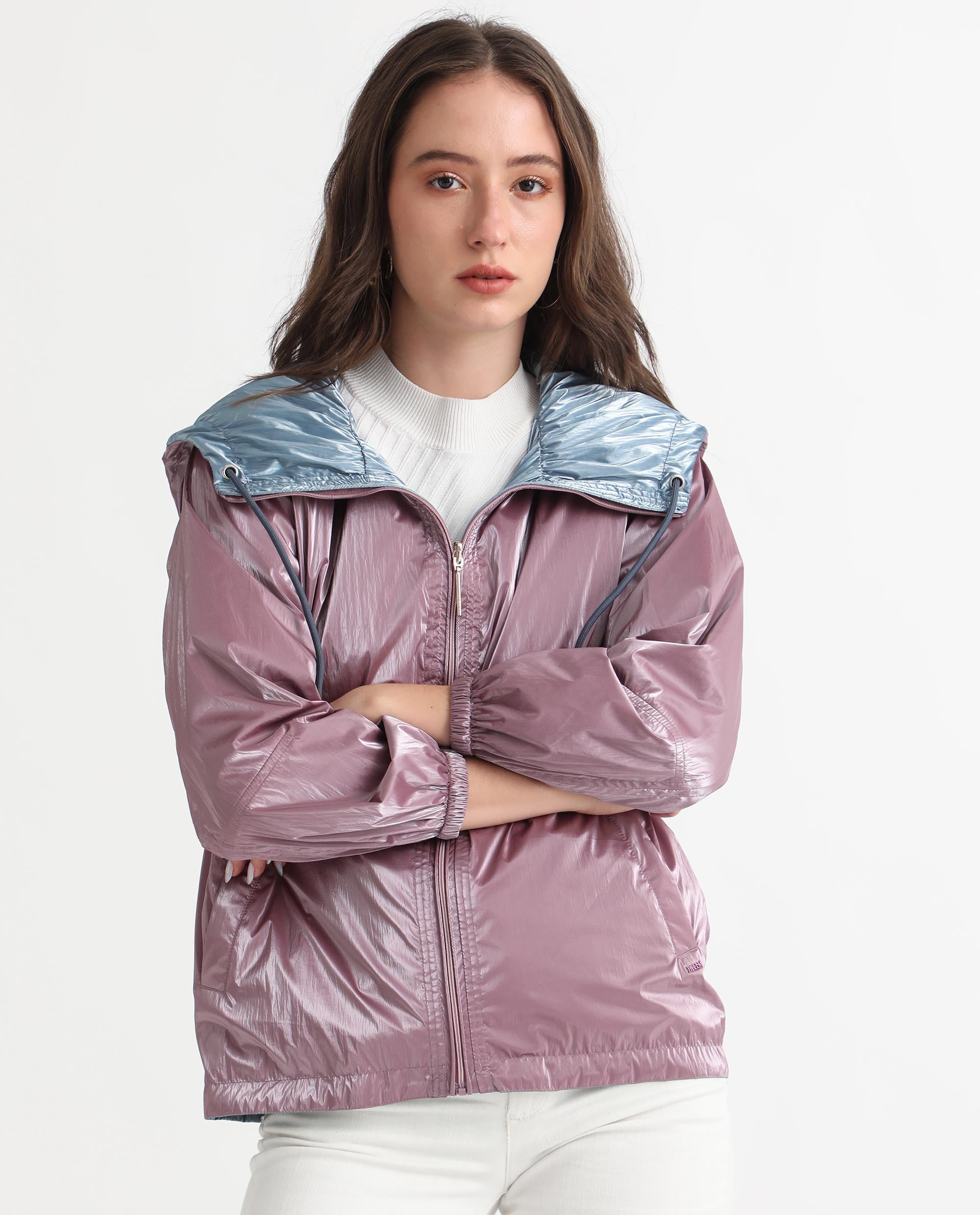 Rareism Women's Erber Pink Polyester Hooded Plain Balloon Sleeve Regular Fit Jacket