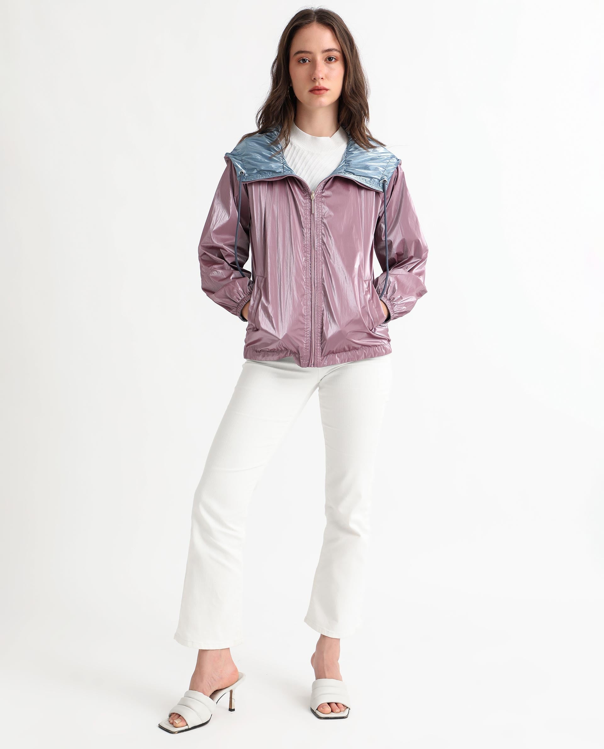 Rareism Women Erber Pink Polyester Fabric Full Sleeves Zip Closure Hooded Balloon Sleeve Regular Fit Plain Jacket