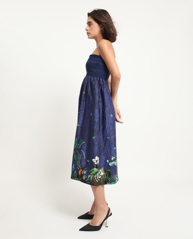 Rareism Women Ergen Blue Cotton Fabric Sleeveless Shoulder Straps Fit And Flare Floral Print Midi Empire Dress