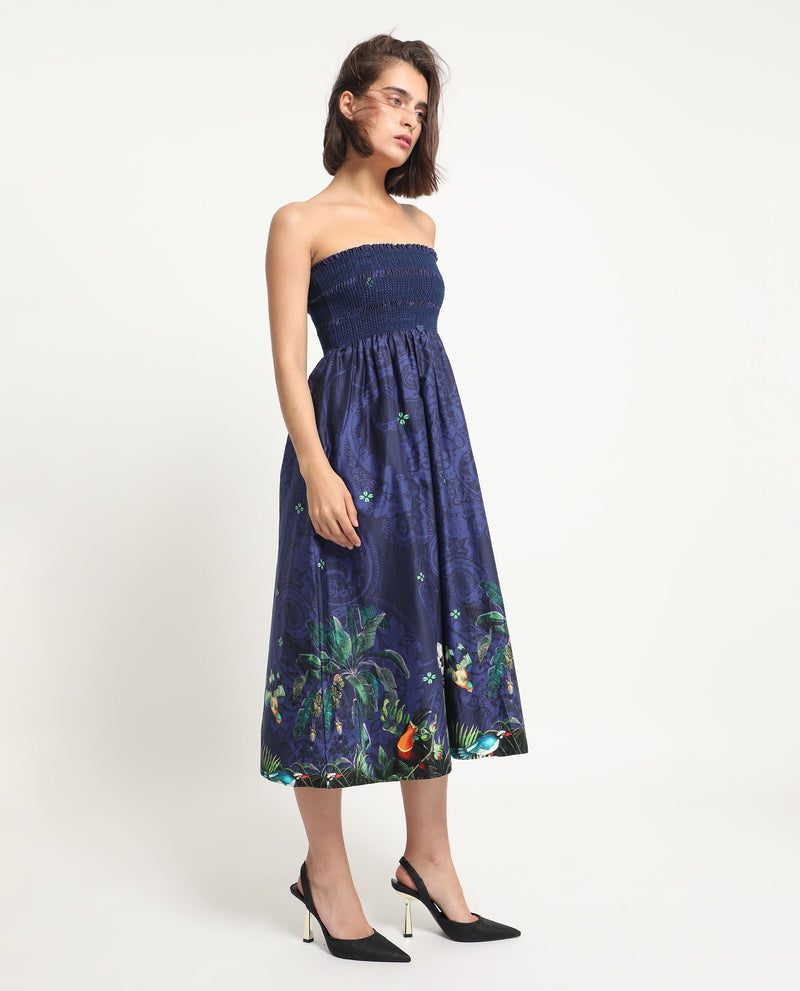 Rareism Women Ergen Blue Cotton Fabric Sleeveless Shoulder Straps Fit And Flare Floral Print Midi Empire Dress