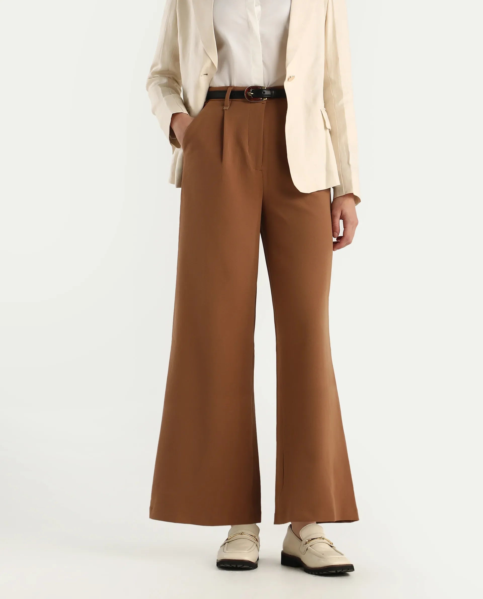 Rareism Women's Erica - Beige Polyester Blend Plain Ankle Length Wide Trouser