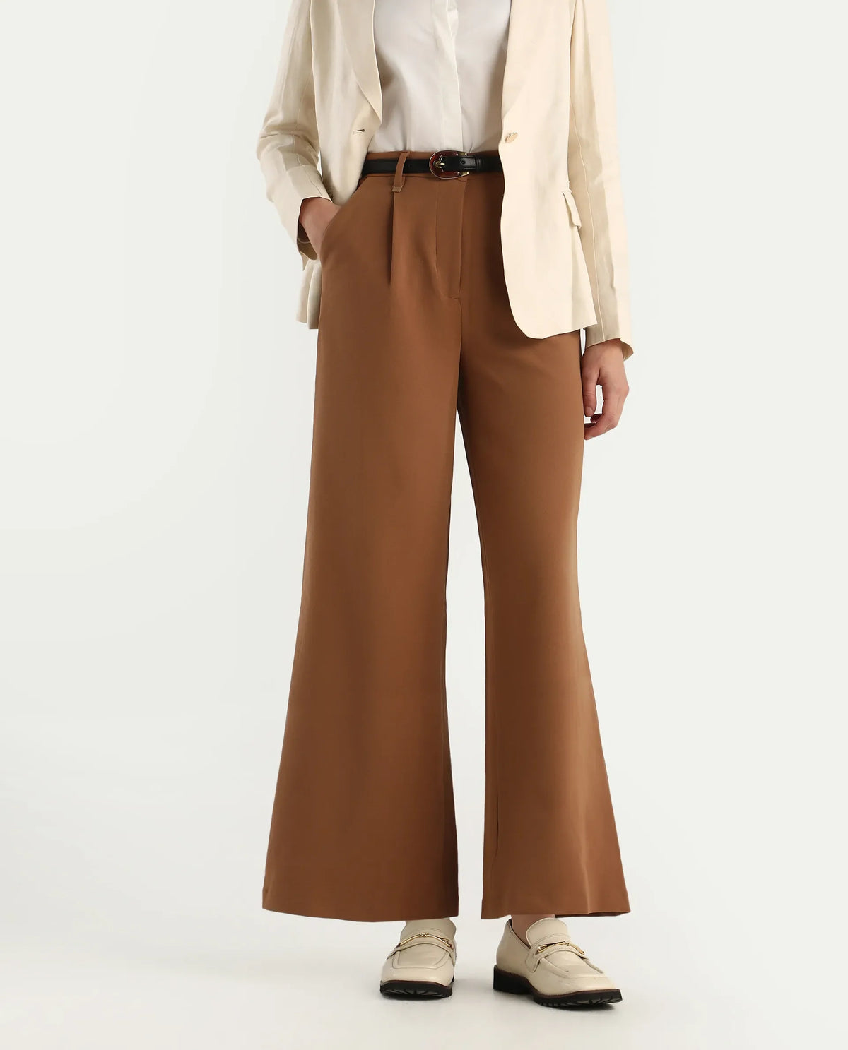 Rareism Women's Erica - Beige Polyester Blend Plain Ankle Length Wide Trouser