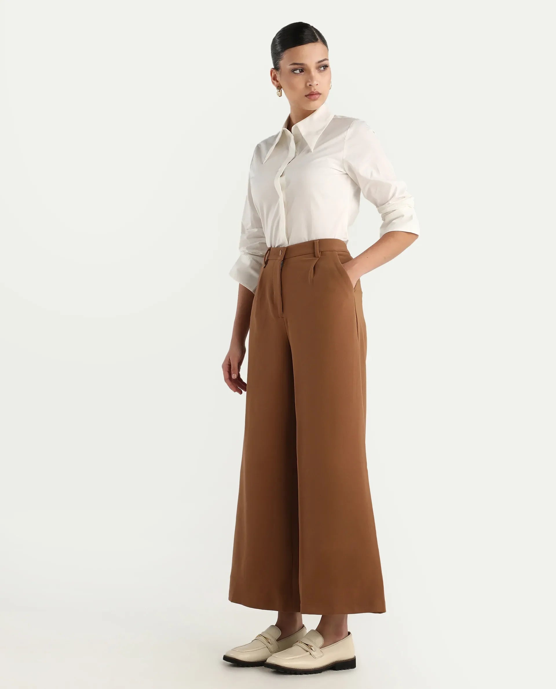 Rareism Women's Erica - Beige Polyester Blend Plain Ankle Length Wide Trouser