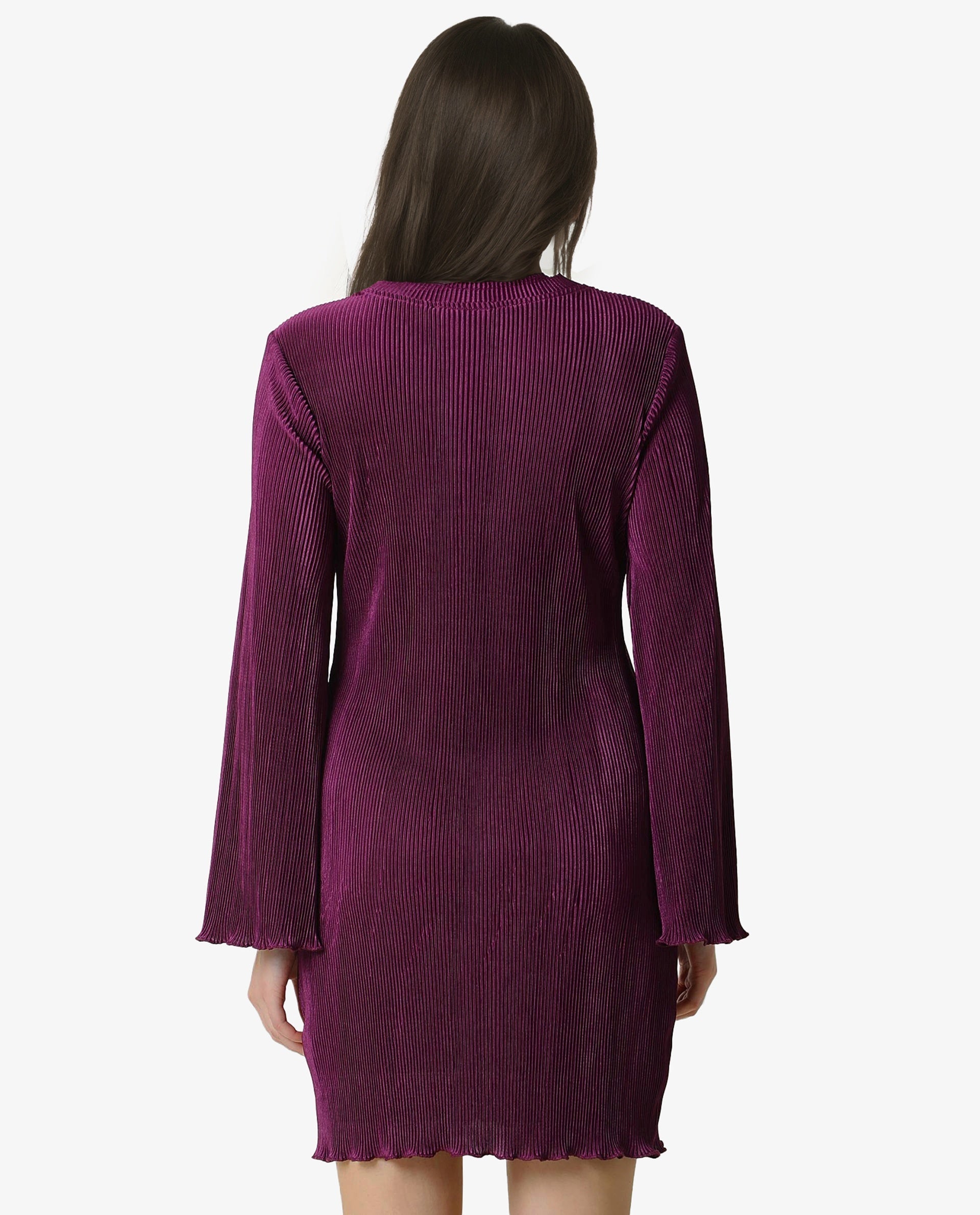 Rareism Women Erica Maroon High Neck Bell Sleeves Mini Dress