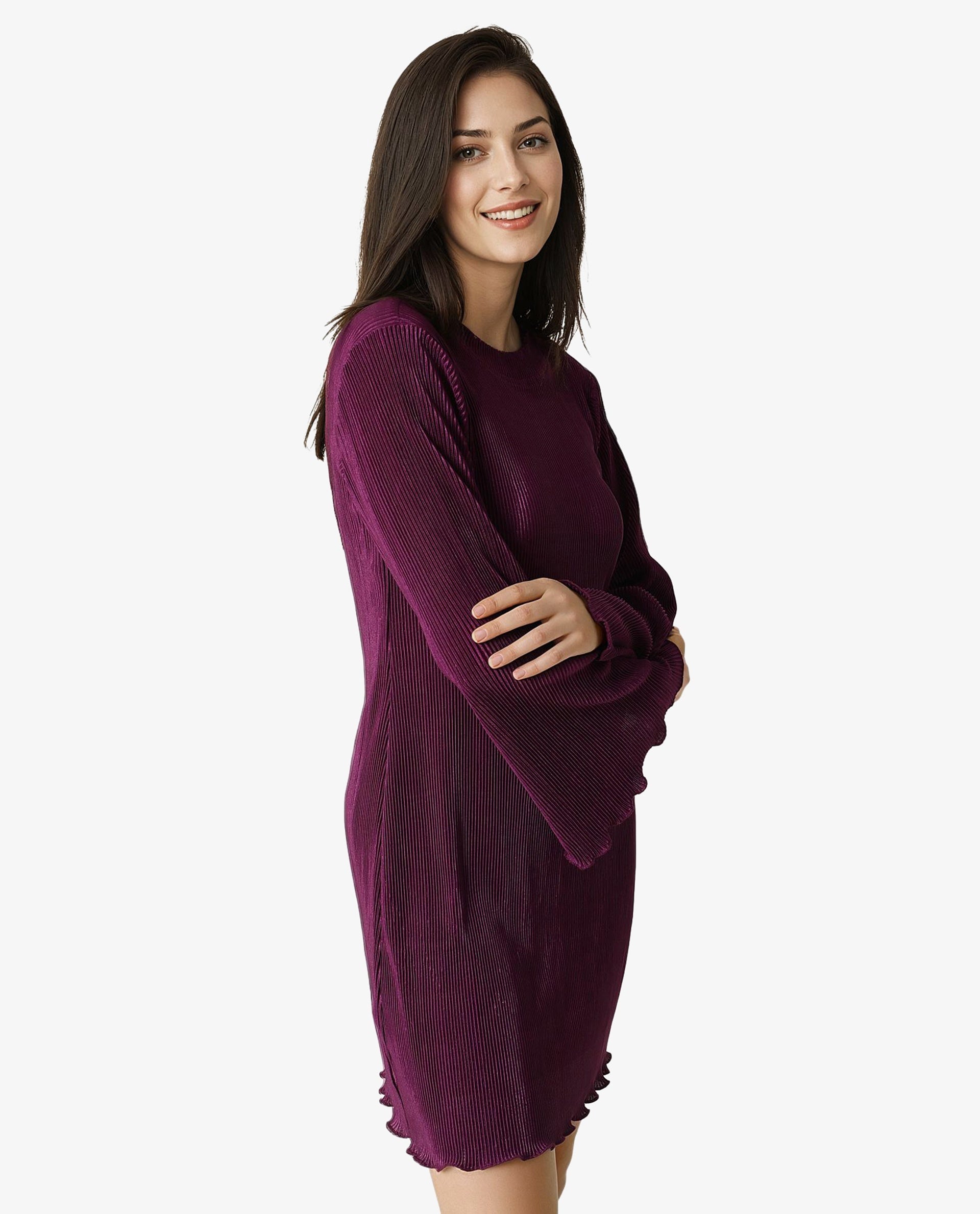 Rareism Women Erica Maroon High Neck Bell Sleeves Mini Dress