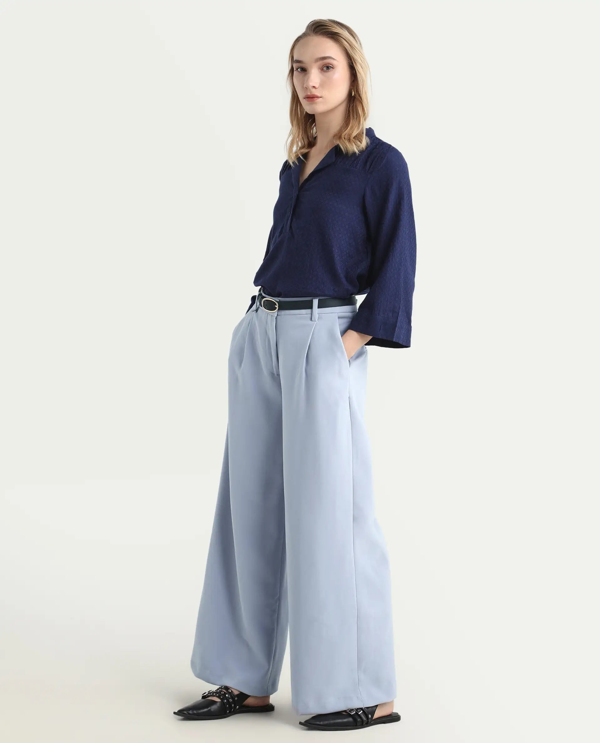 Rareism Women's Erica Grey Polyester Blend Plain Ankle Length Wide Trouser