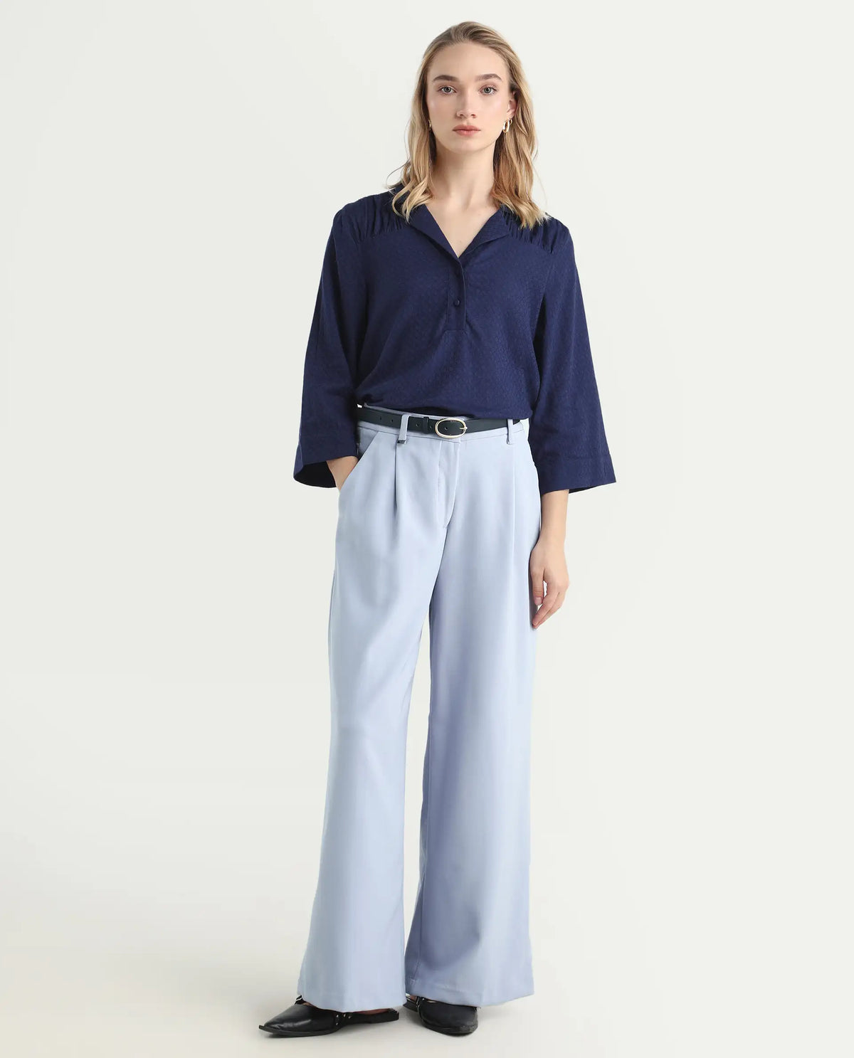 Rareism Women's Erica Grey Polyester Blend Plain Ankle Length Wide Trouser